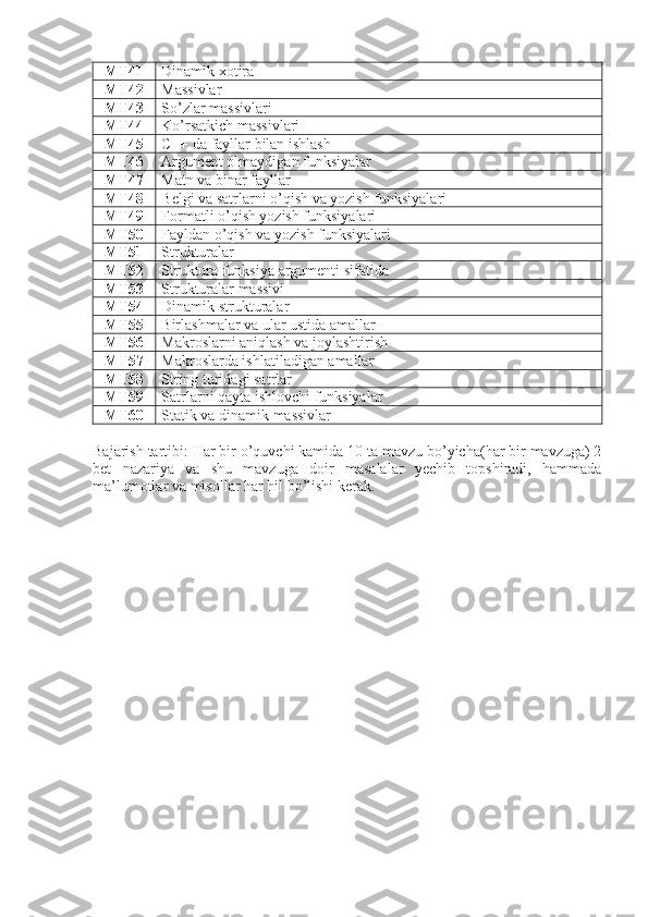 MT41 Dinamik xotira
MT42 Massivlar 
MT43 So’zlar massivlari
MT44 Ko’rsatkich massivlari
MT45 C++ da fayllar bilan ishlash
MT46 Argument olmaydigan funksiyalar
MT47 Matn va binar fayllar
MT48 Belgi va satrlarni o’qish va yozish funksiyalari
MT49 Formatli o’qish yozish funksiyalari
MT50 Fayldan o’qish va yozish funksiyalari
MT51 Strukturalar
MT52 Struktura funksiya argumenti sifatida
MT53 Strukturalar massivi
MT54 Dinamik strukturalar
MT55 Birlashmalar va ular ustida amallar
MT56 Makroslarni aniqlash va joylashtirish
MT57 Makroslarda ishlatiladigan amallar
MT58 String turidagi satrlar
MT59 Satrlarni qayta ishlovchi funksiyalar
MT60 Statik va dinamik massivlar 
Bajarish   tartibi :  Har   bir   o ’ quvchi   kamida  10  ta   mavzu   bo ’ yicha ( har   bir   mavzuga )  2
bet   nazariya   va   shu   mavzuga   doir   masalalar   yechib   topshiradi ,   hammada
ma ’ lumotlar   va   misollar   har   hil   bo ’ lishi   kerak . 