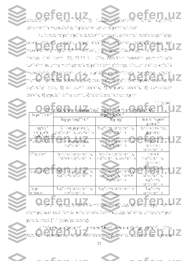 tabaqalanishini   hisobga   olish,   3)   hududni   o’zlashtirish   hamda   sug‘orma
dehqonchilik maqsadlarida foydalanish uchun relyefni baholash 
Bu   borada   relyef   qiyalik   darajasini   aniqlash,   gorizontal   parchalanganligiga
asosiy   e’tiborni   qaratish,   relyef   shakllarini   o‘rganish,   parchalanmagan   yer
massivlarining   maydonlarini   hisoblash,   joyni   kanal   o‘tkazishga   mosligi   kabilarni
hisobga   olish   lozim   [23;   32-43   b.].   O‘rta   Zarafshon   havzasini   geomorfologik
tuzilishini va uning morfogenetik relyef tiplarini e’tiborga olib, uni qishloq xo‘jalik
maqsadlarida   foydalanish   uchun   quyidagi   geomorfologik   rayonlarga   ajratish
mumkin:   1)o‘rtacha   baland   tog‘;   2)   past   tog‘;   3)   tog‘oldi   prolyuvial   tekislik;   4)
tog‘oraligi   botiq,   5)   eol   qumli   tekislik;   6)   allyuvial   tekislik;   7)   qumoq-taqir
tekislik; 8) gryadali-do‘ng qumli; 9) baland tepalik plato rayoni.
1 .1-jadval 
O‘rta Zarafshon havzasidagi reylef tiplaridan foydalanish
Rel y ef tiplari Rel y ef shakllari
Soy yonbag‘ i rlari Soy tagi Balandlik ya ssi
yuzalari
Tog‘oldi
prolyuvial
tekisliklar CHorva yaylovlari,
bog‘dorchilik, uzumchilik Sug‘orma dehqonchilik,
bog‘dorchilik  Bahorikor ekinlar,
yaylovlar
YUqori qismi CHorva yaylovlari,
bog‘dorchilik Bahorikor dehqonchilik,
bog‘dorchilik  YAylovlar,
bahorikor
dehqonchilik
O‘rta qismi Bahorikor dehqonchilik,
intensiv bog‘dorchilik Bahorikor dehqonchilik,
bog‘dorchilik, uzumchilik Intensiv
bog‘dorchilik,
bahorikor
dehqonchilik
Quyi qismi Bahorikor dehqonchilik,
sug‘orma dehqonchilik Bahorikor dehqonchilik,
bog‘dorchilik, intensiv
bog‘dorchilik Bahorikor
dehqonchilik,
sug‘orma
dehqonchilik
Daryo
terrasalari Sug‘orma dehqonchilik,
bog‘dorchilik Sug‘orma dehqonchilik Sug‘orma
dehqonchilik
Umuman olganda, landshaft komplekslarni vujudga kelishida   relyef   muhim
ahamiyat kasb etadi hamda  voha landshaftlarini vujudga kelishida uning ahamiyati
yanada ortadi (1.1-jadvalga qarang).
Iqlimiy   xususiyatlarni   landshaftlarni   shakllanishiga   ta’siri.   O‘rta
Zarafshon   havzasining   iqlimi   O‘zbekistonning   boshqa   hududlaridan,   ayniqsa
22 