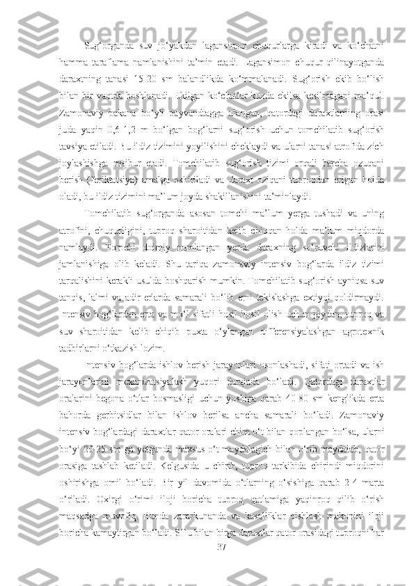 Sug‘organda   suv   jo‘yakdan   lagansimon   chuqurlarga   kiradi   va   ko‘chatni
hamma   taraflama   namlanishini   ta’min   etadi.   Lagansimon   chuqur   qilinayotganda
daraxtning   tanasi   15-20   sm   balandlikda   ko‘mmalanadi.   Sug‘orish   ekib   bo‘lish
bilan  bir   vaqtda   boshlanadi.   Ekilgan  ko‘chatlar   kuzda   ekilsa   kesilmagani   ma’qul.
Zamonaviy   pakana   bo‘yli   payvandtagga   ulangan,   qatordagi   daraxtlarning   orasi
juda   yaqin   0,6-1,2   m   bo‘lgan   bog‘larni   sug‘orish   uchun   tomchilatib   sug‘orish
tavsiya etiladi. Bu ildiz tizimini yoyilishini cheklaydi va ularni tanasi atrofida zich
joylashishga   majbur   etadi.   Tomchilatib   sug‘orish   tizimi   orqali   barcha   ozuqani
berish   (feriktatsiya)   amalga   oshiriladi   va   daraxt   oziqani   tuproqdan   erigan   holda
oladi, bu ildiz tizimini ma’lum joyda shakillanishini ta’minlaydi. 
Tomchilatib   sug‘organda   asosan   tomchi   ma’lum   yerga   tushadi   va   uning
atrofini,   chuqurligini,   tuproq   sharoitidan   kelib   chiqqan   holda   ma’lum   miqdorda
namlaydi.   Tomchi   doimiy   namlangan   y erda   daraxning   so‘ruvchi   ildizlarini
jamlanishiga   olib   keladi.   Shu   tariqa   zamonaviy   intensiv   bog‘larda   ildiz   tizimi
tarqalishini kerakli usulda boshqarish mumkin. Tomchilatib sug‘orish ayniqsa suv
tanqis,   lalmi   va   adir   erlarda   samarali   bo‘lib   erni   tekislashga   extiyoj   qoldirmaydi.
Intensiv   bog‘lardan   erta   va   mo‘l   sifatli   hosil   hosil   olish   uchun   joydan,   tuproq   va
suv   sharoitidan   kelib   chiqib   puxta   o‘ylangan   differensiyalashgan   agrotexnik
tadbirlarni o‘tkazish lozim. 
Intensiv  bog‘larda ishlov  berish  jarayonlari   osonlashadi,  sifati   ortadi   va  ish
jarayonlarini   mexanizatsiyalash   yuqori   darajada   bo‘ladi.   Qatordagi   daraxtlar
oralarini   begona   o‘tlar   bosmasligi   uchun   yoshiga   qarab   40-80   sm   kenglikda   erta
bahorda   gerbitsidlar   bilan   ishlov   berilsa   ancha   samarali   bo‘ladi.   Zamonaviy
intensiv bog‘lardagi daraxtlar qator oralari chim o‘t bilan qoplangan bo‘lsa, ularni
bo‘yi   20-25  sm   ga yetganda  maxsus   o‘t   maydalagich  bilan o‘rib  maydalab,  qator
orasiga   tashlab   ketiladi.   Kelgusida   u   chirib,   tuproq   tarkibida   chirindi   miqdorini
oshirishga   omil   bo‘ladi.   Bir   yil   davomida   o‘tlarning   o‘sishiga   qarab   2-4   marta
o‘riladi.   Oxirgi   o‘rimi   iloji   boricha   tuproq   qatlamiga   yaqinroq   qilib   o‘rish
maqsadga   muvofiq.   Bunda   zararkunanda   va   kasalliklar   qishlash   makonini   iloji
boricha kamaytirgan bo‘ladi. SHu bilan birga daraxtlar qator orasidagi tuproqni har
37 