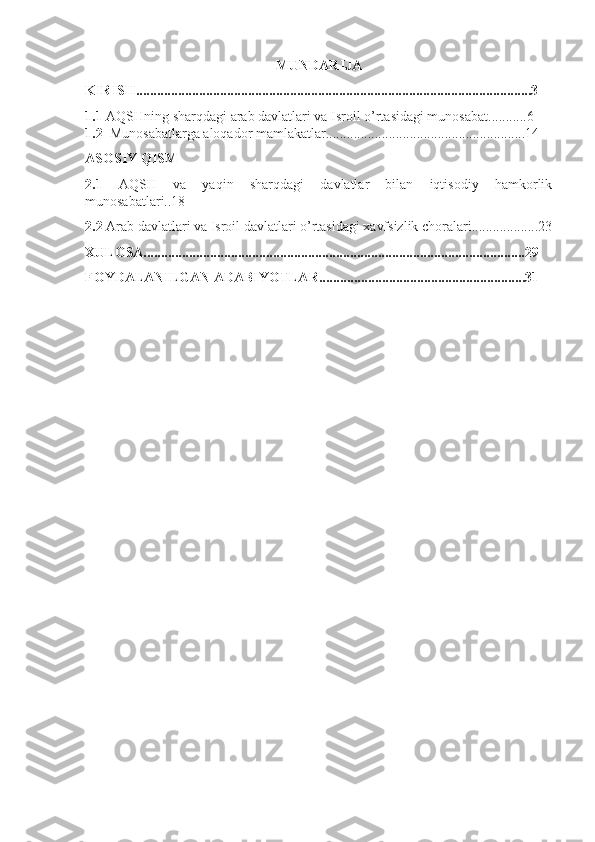 MUNDARIJA
KIRISH.................................................................................................................3
1.1 AQSHning sharqdagi arab davlatlari va Isroil o’rtasidagi munosabat ...........6
1.2  Munosabatlarga aloqador mamlakatlar.........................................................14
ASOSIY QISM
2.1   AQSH   va   yaqin   sharqdagi   davlatlar   bilan   iqtisodiy   hamkorlik
munosabatlari..18
2.2  Arab davlatlari va Isroil davlatlari o’rtasidagi xavfsizlik choralari...................23
XULOSA.............................................................................................................29
FOYDALANILGAN ADABIYOTLAR...........................................................31 