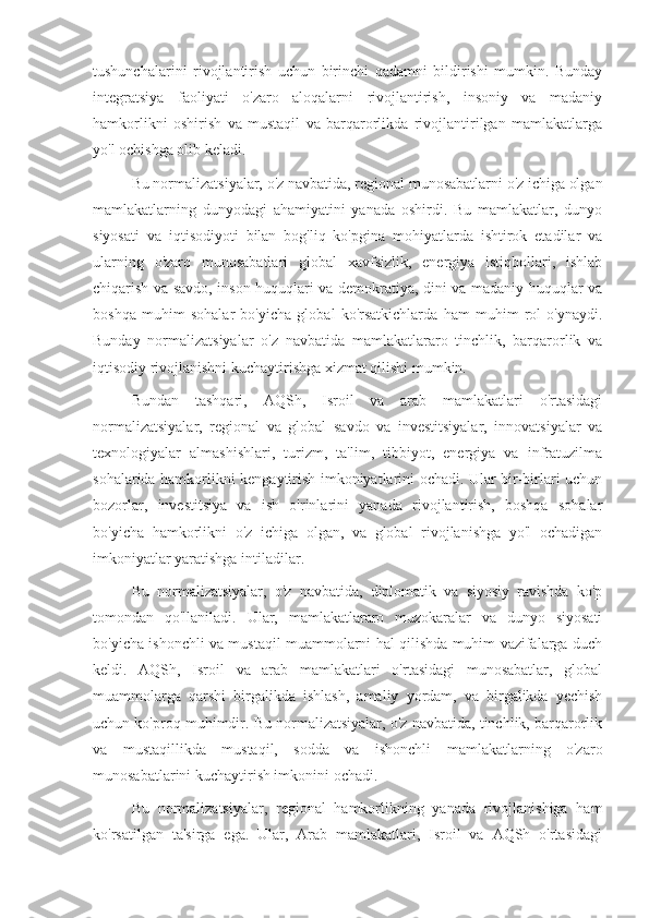tushunchalarini   rivojlantirish   uchun   birinchi   qadamni   bildirishi   mumkin.   Bunday
integratsiya   faoliyati   o'zaro   aloqalarni   rivojlantirish,   insoniy   va   madaniy
hamkorlikni   oshirish   va   mustaqil   va   barqarorlikda   rivojlantirilgan   mamlakatlarga
yo'l ochishga olib keladi.
Bu normalizatsiyalar, o'z navbatida, regional munosabatlarni o'z ichiga olgan
mamlakatlarning   dunyodagi   ahamiyatini   yanada   oshirdi.   Bu   mamlakatlar,   dunyo
siyosati   va   iqtisodiyoti   bilan   bog'liq   ko'pgina   mohiyatlarda   ishtirok   etadilar   va
ularning   o'zaro   munosabatlari   global   xavfsizlik,   energiya   istiqbollari,   ishlab
chiqarish va savdo, inson huquqlari va demokratiya, dini va madaniy huquqlar va
boshqa   muhim   sohalar   bo'yicha   global   ko'rsatkichlarda   ham   muhim   rol   o'ynaydi.
Bunday   normalizatsiyalar   o'z   navbatida   mamlakatlararo   tinchlik,   barqarorlik   va
iqtisodiy rivojlanishni kuchaytirishga xizmat qilishi mumkin.
Bundan   tashqari,   AQSh,   Isroil   va   arab   mamlakatlari   o'rtasidagi
normalizatsiyalar,   regional   va   global   savdo   va   investitsiyalar,   innovatsiyalar   va
texnologiyalar   almashishlari,   turizm,   ta'lim,   tibbiyot,   energiya   va   infratuzilma
sohalarida hamkorlikni kengaytirish imkoniyatlarini ochadi. Ular bir-birlari uchun
bozorlar,   investitsiya   va   ish   o'rinlarini   yanada   rivojlantirish,   boshqa   sohalar
bo'yicha   hamkorlikni   o'z   ichiga   olgan,   va   global   rivojlanishga   yo'l   ochadigan
imkoniyatlar yaratishga intiladilar.
Bu   normalizatsiyalar,   o'z   navbatida,   diplomatik   va   siyosiy   ravishda   ko'p
tomondan   qo'llaniladi.   Ular,   mamlakatlararo   muzokaralar   va   dunyo   siyosati
bo'yicha ishonchli va mustaqil muammolarni hal qilishda muhim vazifalarga duch
keldi.   AQSh,   Isroil   va   arab   mamlakatlari   o'rtasidagi   munosabatlar,   global
muammolarga   qarshi   birgalikda   ishlash,   amaliy   yordam,   va   birgalikda   yechish
uchun ko'proq muhimdir. Bu normalizatsiyalar, o'z navbatida, tinchlik, barqarorlik
va   mustaqillikda   mustaqil,   sodda   va   ishonchli   mamlakatlarning   o'zaro
munosabatlarini kuchaytirish imkonini ochadi.
Bu   normalizatsiyalar,   regional   hamkorlikning   yanada   rivojlanishiga   ham
ko'rsatilgan   ta'sirga   ega.   Ular,   Arab   mamlakatlari,   Isroil   va   AQSh   o'rtasidagi 