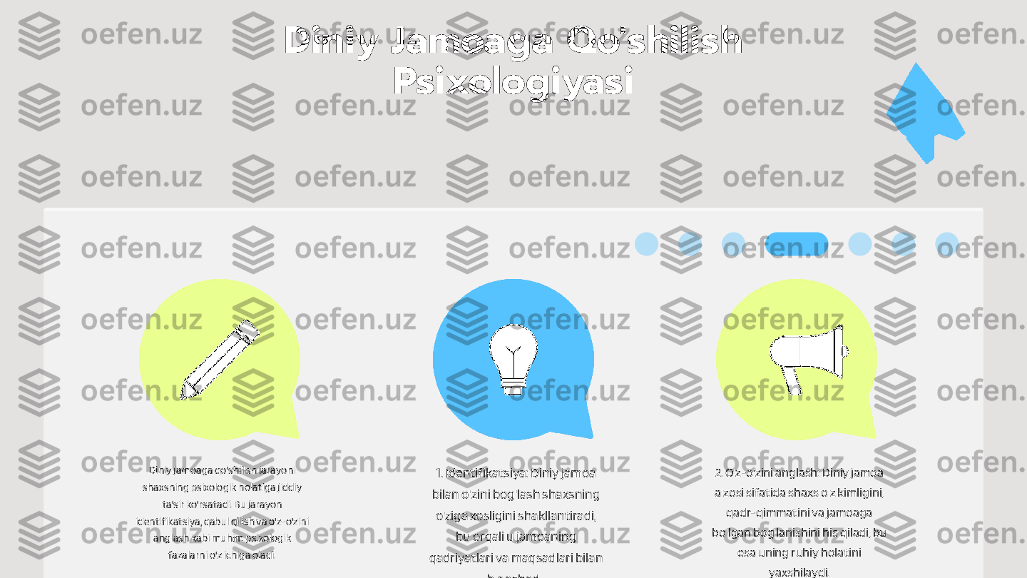 Diniy Jamoaga Qo'shilish 
Psixologiyasi
Diniy jamoaga qo'shilish jarayoni 
shaxsning psixologik holatiga jiddiy 
ta'sir ko'rsatadi. Bu jarayon 
identifikatsiya, qabul qilish va o'z-o'zini 
anglash kabi muhim psixologik 
fazalarni o'z ichiga oladi. 1. Identifikatsiya: Diniy jamoa 
bilan o'zini bog'lash shaxsning 
o'ziga xosligini shakllantiradi, 
bu orqali u jamoaning 
qadriyatlari va maqsadlari bilan 
birlashadi. 2. O'z-o'zini anglash: Diniy jamoa 
a'zosi sifatida shaxs o'z kimligini, 
qadr-qimmatini va jamoaga 
bo'lgan bog'lanishini his qiladi, bu 
esa uning ruhiy holatini 
yaxshilaydi.       