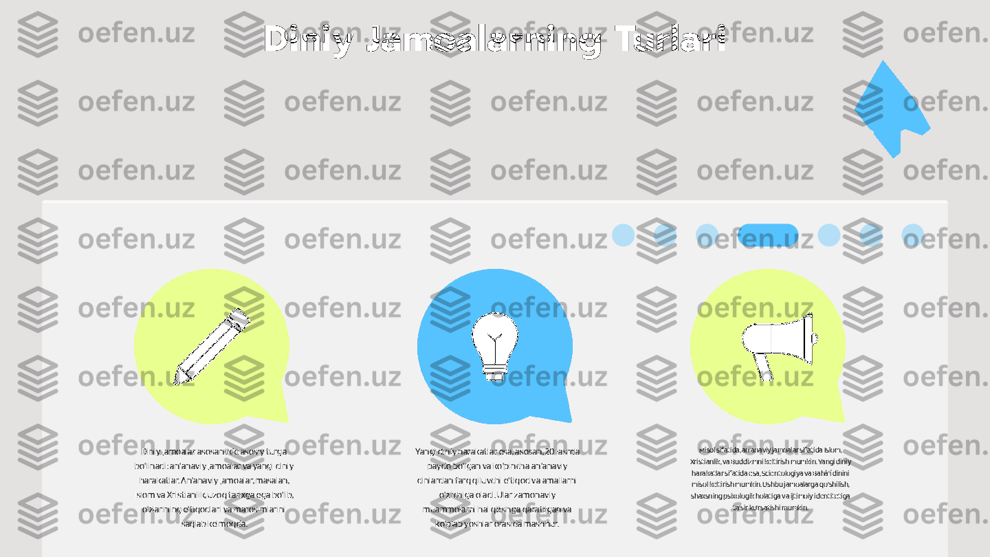 Diniy Jamoalarning Turlari
Diniy jamoalar asosan ikki asosiy turga 
bo'linadi: an'anaviy jamoalar va yangi diniy 
harakatlar. An'anaviy jamoalar, masalan, 
Islom va Xristianlik, uzoq tarixga ega bo'lib, 
o'zlarining e'tiqodlari va marosimlarini 
saqlab kelmoqda. Yangi diniy harakatlar esa, asosan, 20-asrda 
paydo bo'lgan va ko'pincha an'anaviy 
dinlardan farq qiluvchi e'tiqod va amallarni 
o'z ichiga oladi. Ular zamonaviy 
muammolarni hal qilishga qaratilgan va 
ko'plab yoshlar orasida mashhur. Misol sifatida, an'anaviy jamoalar sifatida Islom, 
Xristianlik, va Buddizmni keltirish mumkin. Yangi diniy 
harakatlar sifatida esa, Scientologiya va Bahá'í dinini 
misol keltirish mumkin. Ushbu jamoalarga qo'shilish, 
shaxsning psixologik holatiga va ijtimoiy identitetiga 
ta'sir ko'rsatishi mumkin.       