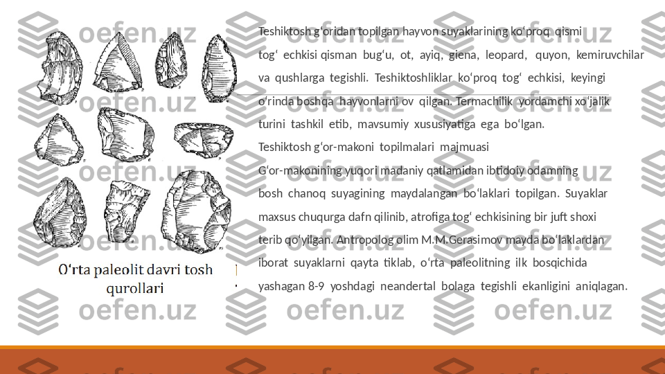  
Teshiktosh g‘oridan topilgan hayvon suyaklarining ko‘proq  qismi
 
tog‘  echkisi qisman  bug‘u,  ot,  ayiq,  giena,  leopard,   quyon,  kemiruvchilar
 
va  qushlarga  tegishli.  Teshiktoshliklar  ko‘proq  tog‘  echkisi,  keyingi
 
o‘rinda boshqa  hayvonlarni ov  qilgan. Termachilik  yordamchi xo‘jalik
 
turini  tashkil  etib,  mavsumiy  xususiyatiga  ega  bo‘lgan.
 
Teshiktosh g‘or-makoni  topilmalari  majmuasi
 
G‘or-makonining yuqori madaniy qatlamidan ibtidoiy odamning
 
bosh  chanoq  suyagining  maydalangan  bo‘laklari  topilgan.  Suyaklar
 
maxsus chuqurga dafn qilinib, atrofiga tog‘ echkisining bir juft shoxi
 
terib qo‘yilgan. Antropolog olim M.M.Gerasimov mayda bo‘laklardan
 
iborat  suyaklarni  qayta  tiklab,  o‘rta  paleolitning  ilk  bosqichida
 
yashagan 8-9  yoshdagi  neandertal  bolaga  tegishli  ekanligini  aniqlagan. 