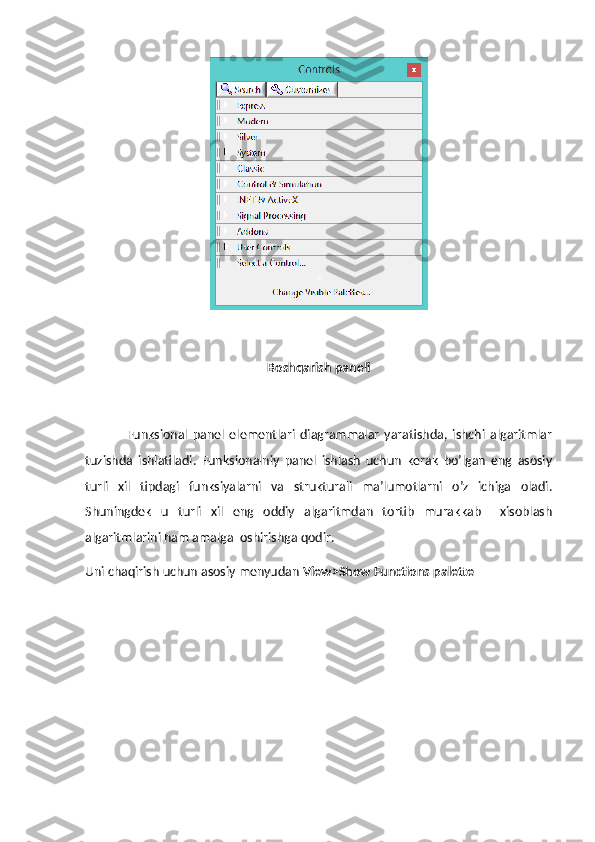 Boshqarish paneli
                Funksional   panel   elementlari   diagrammalar   yaratishda,   ishchi   algaritmlar
tuzishda   ishlatiladi.   Funksionalniy   panel   ishlash   uchun   kerak   bo’lgan   eng   asosiy
turli   xil   tipdagi   funksiyalarni   va   strukturali   ma’lumotlarni   o’z   ichiga   oladi.
Shuningdek   u   turli   xil   eng   oddiy   algaritmdan   tortib   murakkab     xisoblash
algaritmlarini ham amalga  oshirishga qodir.
Uni chaqirish uchun asosiy menyudan  View>Show Functions palette 