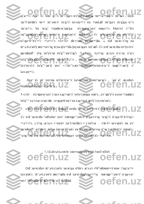 qilamiz.   Agar   biz   hosil  qilib   bo’lingan   ob’yetni   qayta   nomlamoqchi   bo’lsak   ,Tools
palitrasidan   nom   beruvchi   belgini   tanlaymiz   va   mavjud   bo’lgan   belgiga   olib
boramiz.   Va   belgi   maydonchasiga     sichqonchani   bosamiz.   Matnni   kiritib
bo’lgandan   so’ng   <enter>   tugmasini   bosamiz.   Biz   o’lchamini   va   shriftini
o’zgartirishimiz   mumkin   <Shrift>   darchasi   yordamida.   U   old   panelning   va
strukturaviy sxemaning tepa qismida joylashgan bo’ladi. Siz old panelda ob’yektni
qandaydir   o’q   bo’yicha   to’g’irlashingiz   mumkin.   Buning   uchun   srelka   bilan
to’g’irlanuvchi   ob’yektni   tanlab   turib   ,   uning   sozlovchisidan     <Align   objects>
(ob’yektni   to’g’irlash)   yoki   <Distribute   Objects>(obyektlarni   taqsimlash)   ni
tanlaymiz.
        Agar   siz   bir   nechta   ob’yektlarni   tanlamoqchi   bo’lsangiz   ,     ikki   xil   usuldan
foydalanishingiz mumkin.
1-chisi -   sichqonchani chap tugmasini bo’sh joyga bosib ,  uni qo’yib vubormasdan
to’g’ri burchak shaklda  kengaytirasiz va tugmani qo’yib yuborasiz.
2 – chisi - <Shift> klavishini bosgan holda har bir ob’yektni bosib chiqasiz.
Siz   old   panelda   indicator   yoki   boshqariluvchi   organning   rangini   o’zgartirishingiz
mumkin.   Uning   uchun   <Tools>   palitrasidan   <   cho’tka     -   kistni>   tanlaysiz   va   uni
qandaydir  ob’yekt   ustiga  joylashtirasiz  va  sichqonchanng o’ng  tugmasini  bosasiz,
rangli palitra hosil bo’ladi. Va hohlagan rangni tanlashisiz mumkin. 
1.10.Strukturaviy  sxemada ob ’ yekt hosil qilish
        Old   paneldan   strukturaviy   panelga   o’tish   uchun   <Windows>>Show   Diagram>
tanlaysiz.   Strukturaviy   sxemada   old   paneldagi   hamma     boshqariluvchi   organlar
yoki indikatorlar terminallari mavjud. 