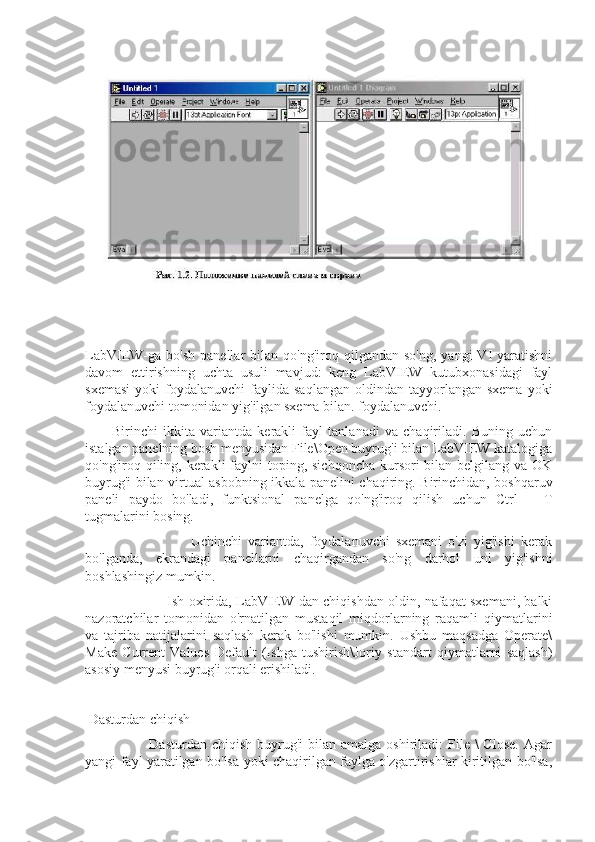 LabVIEW-ga   bo'sh  panellar  bilan  qo'ng'iroq  qilgandan  so'ng,  yangi  VI   yaratishni
davom   ettirishning   uchta   usuli   mavjud:   keng   LabVIEW   kutubxonasidagi   fayl
sxemasi   yoki   foydalanuvchi   faylida   saqlangan  oldindan  tayyorlangan  sxema  yoki
foydalanuvchi tomonidan yig'ilgan sxema bilan. foydalanuvchi.
Birinchi   ikkita   variantda   kerakli   fayl   tanlanadi   va   chaqiriladi.   Buning   uchun
istalgan panelning bosh menyusidan File\Open buyrug'i bilan LabVIEW katalogiga
qo'ng'iroq qiling, kerakli  faylni  toping, sichqoncha  kursori  bilan belgilang va OK
buyrug'i bilan virtual asbobning ikkala panelini chaqiring. Birinchidan, boshqaruv
paneli   paydo   bo'ladi,   funktsional   panelga   qo'ng'iroq   qilish   uchun   Ctrl   +   T
tugmalarini bosing.
                          Uchinchi   variantda,   foydalanuvchi   sxemani   o'zi   yig'ishi   kerak
bo'lganda,   ekrandagi   panellarni   chaqirgandan   so'ng   darhol   uni   yig'ishni
boshlashingiz mumkin.
                   Ish oxirida, LabVIEW-dan chiqishdan oldin, nafaqat sxemani, balki
nazoratchilar   tomonidan   o'rnatilgan   mustaqil   miqdorlarning   raqamli   qiymatlarini
va   tajriba   natijalarini   saqlash   kerak   bo'lishi   mumkin.   Ushbu   maqsadga   Operate\
Make   Current   Values   Default   (Ishga   tushirish\Joriy   standart   qiymatlarni   saqlash)
asosiy menyusi buyrug'i orqali erishiladi. 
  Dasturdan chiqish
                         Dasturdan  chiqish  buyrug'i  bilan  amalga  oshiriladi:  File \   Close.  Agar
yangi fayl yaratilgan bo'lsa yoki chaqirilgan faylga o'zgartirishlar kiritilgan bo'lsa, 