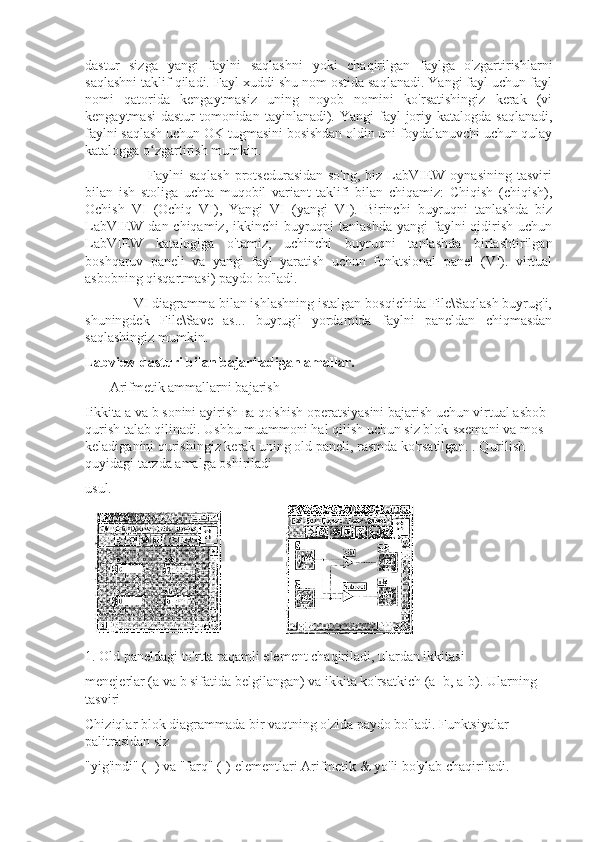 dastur   sizga   yangi   faylni   saqlashni   yoki   chaqirilgan   faylga   o'zgartirishlarni
saqlashni taklif qiladi. Fayl xuddi shu nom ostida saqlanadi. Yangi fayl uchun fayl
nomi   qatorida   kengaytmasiz   uning   noyob   nomini   ko'rsatishingiz   kerak   (vi
kengaytmasi  dastur  tomonidan  tayinlanadi). Yangi  fayl  joriy katalogda saqlanadi,
faylni saqlash uchun OK tugmasini bosishdan oldin uni foydalanuvchi uchun qulay
katalogga o zgartirish mumkin.ʻ
                         Faylni  saqlash protsedurasidan so'ng,  biz LabVIEW oynasining tasviri
bilan   ish   stoliga   uchta   muqobil   variant   taklifi   bilan   chiqamiz:   Chiqish   (chiqish),
Ochish   VI   (Ochiq   VI),   Yangi   VI   (yangi   VI).   Birinchi   buyruqni   tanlashda   biz
LabVIEW dan chiqamiz, ikkinchi  buyruqni  tanlashda yangi  faylni  qidirish  uchun
LabVIEW   katalogiga   o'tamiz,   uchinchi   buyruqni   tanlashda   birlashtirilgan
boshqaruv   paneli   va   yangi   fayl   yaratish   uchun   funktsional   panel   (VI).   virtual
asbobning qisqartmasi) paydo bo'ladi.
             VI diagramma bilan ishlashning istalgan bosqichida File\Saqlash buyrug'i,
shuningdek   File\Save   as...   buyrug'i   yordamida   faylni   paneldan   chiqmasdan
saqlashingiz mumkin.    
Labview  dasturi bilan bajariladigan amallar.
Arifmetik ammallarni bajarish
Iikkita a va b sonini ayirish  ва  qo'shish operatsiyasini bajarish uchun virtual asbob 
qurish talab qilinadi. Ushbu muammoni hal qilish uchun siz blok-sxemani va mos 
keladiganini qurishingiz kerak uning old paneli, rasmda ko'rsatilgan. . Qurilish 
quyidagi tarzda amalga oshiriladi
usul.
1. Old paneldagi to'rtta raqamli element chaqiriladi, ulardan ikkitasi
menejerlar (a va b sifatida belgilangan) va ikkita ko'rsatkich (a+b, a-b). Ularning 
tasviri
Chiziqlar blok diagrammada bir vaqtning o'zida paydo bo'ladi. Funktsiyalar 
palitrasidan siz
"yig'indi" (+) va "farq" (-) elementlari Arifmetik & yo'li bo'ylab chaqiriladi. 