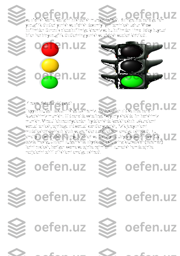 va o’chish ketma-ketligini boshqarish mumkin bo’ladi.  So’ngra 3 ta panelga ham 
yorug’lik diodlari yonish va o’chish davomiyligini taminlash uchun View 
bo’limidan Controls platte bo’limiga kiramiz va bu bo’limdan Time Delay buyruqi
bilan har bir yorug’lik diodlarining yonish va o’chish vaqtlari kiritiladi. 
 4-rasm. Svitafor old paneli 
Tayyor bo„lgan dasturni ishga tushiramiz. Bu dasturdan old va orqa panelni 
kuzatishimiz mumkin. Old panelda svitaforga ixtiyoriy shaklda fon berishimiz 
mumkin. Virtaul laboratoriyalardan foydalanishda kerakli asbob-uskunalarni 
vertual tanlash, tajribaga oid vertual stendlar yaratish, fizik jarayonlarni 
modellashtirish, hisob-kitob va grafiklar qurishlar ham amalga oshiriladi. Bu 
amaliyot turining laboratoriya jihozlari va dasturiy-uslubiy vositalari individual 
tarzda mashg„ulotlarni o„rganishda obyekt tanlash, uning ko„rsatkich (parametr) 
larini rostlash, berilgan sxema va tajriba rejimlarini o„rnatish hamda tajriba 
natijalarini tahlil qilishlarni amalga oshiradi.   