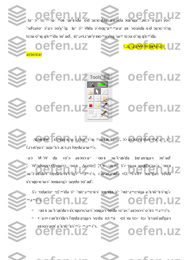 Har   bir   terminal   mos   ravishda     old   paneldagi   alohida   boshqariluvchi   organ   yoki
indicator   bilan   bo’g’liq.   Har   bir   VIda   piktogrammalar   asl   holatda   old   panelning
tepa o’ng qismida bo’ladi,  strukturaviy sxemaning ham tepa o’ng qismida.
                                                                                                    1.5. Lab VIEW da ishchi 
asboblar
       Asbobla r – sichqoncha kursorining maxsus rejimi, biz asboblardan ma’lum bir
funksiyani bajarish uchun foydalanamiz.
Lab   VIEW   da   ko’p   asboblar   Tools   palitrasida   joylashgan   bo’ladi
(     Windows>>Show>>   Tools     Palette)   (1.5-   rasm).   Siz   yana   vaqtinchalik   Tools
palitrasidan   foydalanishingiz   mumkin,   klaviaturada   <Ctrl-Shift>   bosilgan   holda
sichqonchani bossangiz paydo bo’ladi.
        Siz redactor rejimida bir  instrumentni boshqa bir instrumentga alishtirishingiz
mumkin.
 Tools palitrasidan sichqonchani bosgan holda kerakli asbobni olish mumkin.
 <Tab>klavishidan   foydalangan   holda   ketma   -   ket   va   tez-   tez   ishlatiladigan
asboblarni alishtirishimiz mumkin. 