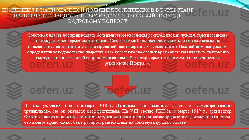 ИЗМЕНЕНИЯ В НАЦИОНАЛЬНОЙ ПОЛИТИКЕ БОЛЬШЕВИКОВ В ТУРКЕСТАНЕ 
ПРИВЛЕЧЕНИЕ НАЦИОНАЛЬНЫХ КАДРОВ. КЛАССОВЫЙ ПОДХОД К 
КАДРОВОМУ ВОПРОСУ.
В  этих  усло виях  еще  в  январе  1918  г.  Лениным  был  выдвинут  лозунг  о  «самоопределении 
трудящихся»,  но  он  ока	
 зался  неэффективным.  На  VIII  съезде  РКП(б),  в  марте  1919  г.,  архитектор 
Октября  настоял  на  использовании  лозунга  «о  праве  наций  на  самоопределение»,  оговорив  при  этом, 
что данное право может быть распрост	
 ранено лишь на «эксплуатируемые массы». Советская власть воспринималась большинством населения республики как чуждая, привнесенная с 
по	
 мощью красноармейских штыков. Создаваемые боль	 шевиками советы и их исполкомы не 
пользовались авторитетом у доминирующей части коренных туркестанцев. Важнейшим импульсом, 
определявшим недоволь	
 ство широких масс коренного населения края советс	 кой властью, неизменно 
выступал национальный воп	
 рос. Национальный фактор серьезно беспокоил и поли	 тическое 
руководство Центра. ».  