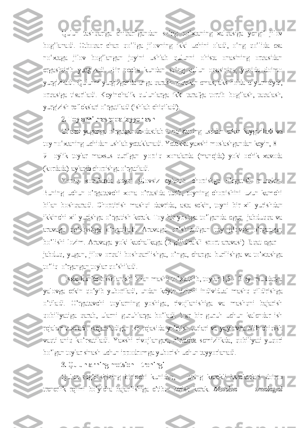 Qulun   tashqariga   chiqarilgandan   so’ng   no’xtaning   xalqasiga   yengil   jilov	
bog’lanadi.   Otboqar   chap   qo’liga   jilovning   ikki   uchini   oladi,   o’ng   qo’lida   esa
no’xtaga   jilov   bog’langan   joyini   ushlab   qulunni   ohista   onasining   orqasidan
ergashtirib   yurgizadi.   Bir   necha   kundan   so’ng   qulun   onasining   yonida   doimo
yurgiziladi. Qulunni yurgizganda unga qarash mumkin emas, aks holda u  	yurmaydi,	
orqasiga   tisariladi.   Keyinchalik   qulunlarga   ikki   tarafga   tortib  	bog’lash,   taqalash,	
yurgizish reflekslari o’rgatiladi (ishlab chiqiladi).2. Toylarni mashqqa tayyorlash	
Otlarni   yuganga  o’rgatganda  dastlab  u  no’xtaning   ustidan   erkin  	kiygiziladi   va	
toy no’xtaning uchidan ushlab yetaklanadi. Yetakka yaxshi 	moslashgandan keyin, 	8 –	
9	 oylik   toylar   maxsus   qurilgan  	y o p i q	 xonalarda  	(manejda)   yoki   ochik   xavoda	
(kordada)  aylanib chopishga o’rgatiladi. 
Yopiq   xonalarda   toyni   jilovsiz   aylanib   chopishga   o’rgatish   mumkin.
Buning   uchun   o’rgatavchi   xona   o’rtasida   turib,   toyning   chopishini   uzun   kamchi
bilan   boshqaradi.   Choptirish   mashqi   davrida,   asta–sekin,   toyni   bir   xil   yurishdan
ikkinchi xil yurishga o’rgatish kerak. Toy bir yoshga to’lganda egar– jabduqqa va
aravaga   qo’shishga   o’rgatiladi.   Aravaga   qo’shiladigan   toy   jilovga   o’rgangan
bo’lishi   lozim.   Aravaga   yoki   kachalkaga   (2   g’ildirakli   sport   aravasi)   faqat   egar   –
jabduq,   yugan,   jilov   orqali   boshqarilishga,   o’nga,   chapga   burilishga   va   to’xtashga
to’liq  o’rgangan toylar qo’shiladi.
             Issiq kunlar boshlanishi bilan mashq to’xtatilib, toylar 1,5 – 2 oy  muddatga
yalovga   erkin   qo’yib   yuboriladi,   undan   keyin   tizimli   individual   mashq   qildirishga
o’ tiladi.   O’rgatavchi   toylarning   yoshiga,   rivojlanishiga   va   mashqni   bajarish
qobiliyatiga   qarab,   ularni   guruhlarga   bo’ladi.   Har   bir   guruh   uchun   kalendar   ish
rejalari tuziladi. Bajariladigan ish rejasida yo’rtish turlari va yaylovga olib chiqish
vaqti   aniq   ko’rsatiladi.   Yaxshi   rivojlangan,   o’rtacha   semizlikda,   qobiliyati   yuqori
bo’lgan toylar sinash uchun ippodromga yuborish uchun tayyorlanadi. 
3. Qulunlarning mo t sion – treningi
Qulun   tug’ilishining   birinchi   kunidan,       uning   kerakli   harakatlari   doimo
trenerlik   rejimi   bo’yicha   bajarilishiga   e’tibor   berish   kerak.   Motsion   –       treningni 