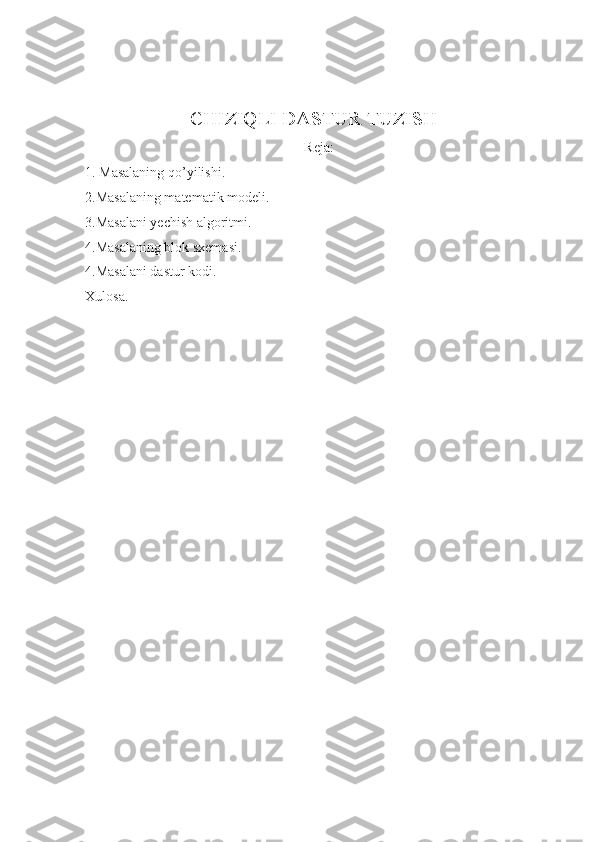                                CHIZIQLI DASTUR TUZISH
Reja:
1. Masalaning qo’yilishi.
2.Masalaning matematik modeli.
3.Masalani yechish algoritmi.
4.Masalaning blok sxemasi.
4.Masalani dastur kodi.
Xulosa. 