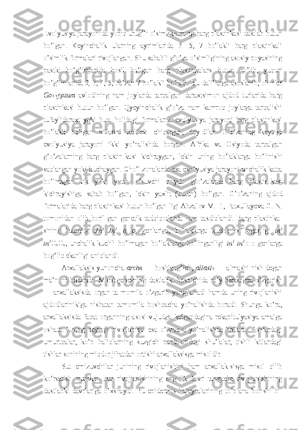 Evolyusiya  jarayonida  yopiq urug’li o’simliklarning barg plastinkasi dastlab butun
bo’lgan.   Keyinchalik   ularning   ayrimlarida   3—5,   7   bo’lakli   barg   plastinkali
o’simlik formalari rivojlangan. Shu sababli g’o’za o’simligining asosiy poyasining
pastki   bo’g’imlarida   hosil   bo’lgan   barg   plastinkalars   butun   bo’lib,   yuqori
bo’g’imlarida   2,   3, 4, 5, ba’zan 7 bo’lakli bo’ladi. Bu dalillarga asoslanib, olimlar
Gossypium   avlodining   nam   joylarda   tarqalgan   daraxtsimon   ajdod   turlarida   barg
plastinkasi   butun   bo’lgan.   Qyeyinchalik   g’o’za   nam   kamroq   joylarga   tarqalishi
tufaylidaraxt   yoki   buta   holidagi   formalarda   evolyusiya   jarayoni   barg   plastinkasi
bo’lakli   bo’lgan   xillarini   keltirib   chiqargan,   dey-dilar.   G’o’zaning   keyingi
evolyusiya   jarayoni   ikki   yo’nalishda   borgan.   Afrika   va   Osiyoda   tarqalgan
g’o’zalarning   barg   plastin-kasi   kichraygan,   lekin   uning   bo’laklarga   bo’linishi
saqlangan yoki kuchaygan. Cho’l zonalarda esa evolyusiya jarayoni unchalik katta
bo’lmagan   tik   yoki   yotib   o’suvchi   poyali   g’o’zalarda   barg   plastin-kasi
kichrayishiga   sabab   bo’lgan,   lekin   yaxlit   (butun)   bo’lgan.   G’o’zaning   ajdod
formalarida barg plastinkasi butun bo’lgan-ligi Abzalov M. F., Fatxullayeva G. N.
tomonidan   olib   boril-gan   genetik   tadqiqotlarda   ham   tasdiqlandi.   Barg   plastinka-
sining   butunligi   Jn 1
  Jn 1
,   o,   o,   genlariga,   bo’laklarga   kuchli   bo’linganligi   in 1
in 1
O
e O
e ,   unchalik   kuchli   bo’lmagan   bo’laklarga   bo’linganligi   in 1
  in 1
o   o   genlarga
bog’liq ekanligi aniqlandi.
Arxallaksis yunoncha   arche   — boshlang’ich,   allaxls   — almashi-nish degan
ma’noni  bildiradi.  Morfogenezning   dastlabki  bosqichida  ro’y  beradigan  o’zgarish
—   arxallaksisda   organ   ta-momila   o’zgarib   yangilanadi   hamda   uning   rivojlanishi
ajdodlarinikiga   nisbatan   tamomila   boshqacha   yo’nalishda   boradi.   Shunga   ko’ra,
arxallaksisda   faqat   organning   asosi   vujudga   kelgandagina   rekapitulyasiya   amalga
oshadi.   Uning   keyingi   rivojlanishi   esa   o’zgacha   yo’nalishda   bo’ladi.   Ilonlardagi
umurtqalar,   ko’p   baliqlarning   suzgich   pardalaridagi   shu’lalar,   tishli   kitlardagi
tishlar sonining miqdor jihatdan ortishi arxallaksisga misoldir.
Sut   emizuvchilar   junining   rivojlanishini   ham   arxallak-sisga   misol   qilib
ko’rsatish   mumkin.   Jun   rivojlanishining   eng   ilk   davri   tangacha   rivojlanishining
dastlabki   davrlariga   o’xshaydi.   Bu   epidermis   hujayralarining   to’plana   borishi   bi- 