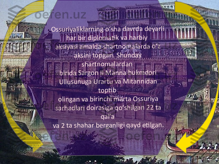 O	ss	u	ri	ya	lik	la	rni	n	g	 o	‘s	h	a	 d	a	vr	d	a	 d	e	ya	rli	 	
ha	r b	ir	 d	ip	lo	m	a	ti	k	 v	a	 h	a	rb	iy	 	
ak	siy	a	si	 a	m	a	ld	a	 s	h	a	rt	n	o	m	a	la	rda	 o	‘z	 	
ak	sin	i 	to	p	g	a	n.	 S	h	u	n	d	ay	 	
sh	a	rt	n	o	m	a	la	rd	an	 	
bi	ri	d	a 	S	ar	g	o	n 	II	 M	a	n	n	a	 h	u	k	m	d	o	ri	 	
U	llu	su	n	u	ga	 U	ra	rt	u	 v	a	 M	it	an	n	ida	n	 	
to	p	ti	b	 	
ol	in	g	a	n 	v	a 	b	ir	in	c	hi	 m	ar	ta 	O	ss	u	riy	a 	
sa	rha	d	la	ri 	d	oi	ra	sig	a	 q	o	‘s	h	il	ga	n	 2	2	 t	a	 	
qa	l’a	 	
va	 2	 ta	 s	h	a	h	ar	 b	e	rga	n	li	g	i q	a	y	d	 e	ti	lg	a	n	. 