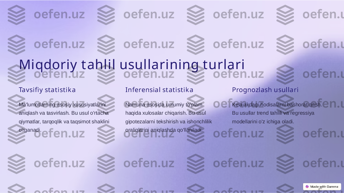 Miqdoriy  t ahlil usullarining t urlari
Tav sifi y  st at ist ik a
Ma'lumotlarning asosiy xususiyatlarini 
aniqlash va tasvirlash. Bu usul o'rtacha 
qiymatlar, tarqoqlik va taqsimot shaklini 
o'rganadi. Inferensial st at ist ik a
Namuna asosida umumiy to'plam 
haqida xulosalar chiqarish. Bu usul 
gipotezalarni tekshirish va ishonchlilik 
oraliqlarini aniqlashda qo'llaniladi. Prognozlash usullari
Kelajakdagi hodisalarni bashorat qilish. 
Bu usullar trend tahlili va regressiya 
modellarini o'z ichiga oladi.  