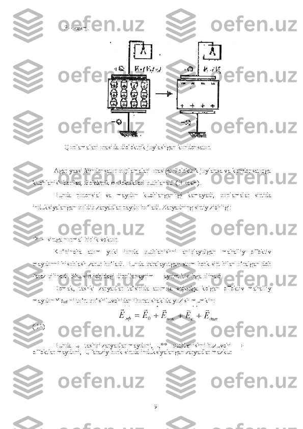 93—rasm.
Qoplamalari orasida dielektrik joylashgan kondensator.
Agar yassi kondensator qoplamalari orasiga dielektrik joylansa va kondensatorga
kuchlanish berilsa, dielektrik molekulalari qutblanadi ( 3-rasm).
Bunda   potensial   va   maydon   kuchlanganligi   kamayadi,   qoplamalar   sirtida
induksiyalangan qoldiq zaryadlar paydo bo‘ladi. Zaryadning sirtiy zichligi:
™ — sirtga normal birlik vektor.
Ko‘pincha   atom   yoki   ionda   qutblanishni   aniqlaydigan   mahalliy   effektiv
maydonni hisoblash zarur bo‘ladi. Bunda qaralayotgan atom berk sirt bilan o‘ralgan deb
faraz qilinadi. Shu sirt ichidagi dipollar ayrim — ayrim hisobga olinadi.
Demak,   tashki   zaryadlar   ta’sirida   atomda   vujudga   kelgan   effektiv   mahalliy
maydon Ye
eff  ni to‘rt qo‘shiluvchidan iborat shaklda yozish mumkin:
( 11)
Bunda  E
0   - tashqi zaryadlar maydoni,  E,**  - qutblanishni buzuvchi —+
effektlar maydoni,  E
s   faraziy bork sirtda induksiyalangan zaryadlar mazkur 