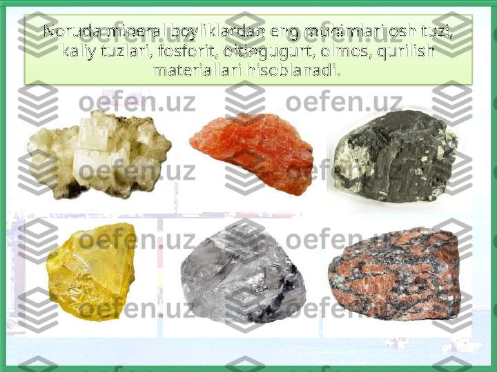 Noruda mineral boyliklardan eng muhimlari osh tuzi, 
kaliy tuzlari, fosforit, oltingugurt, olmos, qurilish 
materiallari hisoblanadi.    