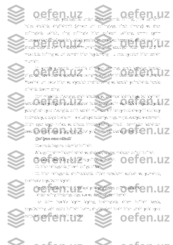 Otni   otxonaga   yetalaganda   undan   chap   tomonda   bo’ling,   jilov   uchlarini
halqa   shaklida   shig’ishtirib   (zinxor   uni   qo’lingizga   o’rab   olmang)   va   chap
qo’lingizda   ushlab,   o’ng   qo’lingiz   bilan   no’xtani   ushlang,   ammo   ayrim
mutaxassislar ot no’xtasidan ushlab yetalashga maslaxat bermaydi, chunki ot o’zini
chetga   urganda   sizni   shikastlashi   mumkin.   Oldinda   ketadigan   otdan   kamida   5   m
masofada bo’ling va uni qamchi bilan haydamang – u orqa oyoqlari bilan tepishi
mumkin.
Ot   yonida   yurganda   u   injiqlik   qilib   yon   tomonga   qarab   ketishga   harakat
qilganda  jilov ni tortmang, chunki u osongina sizni o’zi bilan tortib ketishi mumkin.
Yaxshisi   uni   ovoz   bilan   va   siypalab   tinchlantiring   va   kerakli   yo’nalishda   harakt
qilishda davom eting.
Otni minishda o’zangiga erkin kiradiga va poshnasi kichik poyafzal kiyilishi
kerak. Otdan yiqilganingizda poshnasi  baland, tagi qalin va notekis poyafzal yoki
yalang’och oyoq o’zangida qolib ketishi mumkin. s riflenoy podoshvoy ili s tolstoy
podmetkoy, a takje bosikom – v sluchaye padeniya noga mojet zastryat v stremeni.
Oldin   egar   keyin   no’xta   va   albatta   bintlar   yechib   olinadi.   Dennikdan   ketishdan
avval otni silab unga qotgan non, sabzi yoki olma bo’lakchalari beriladi. 
Qat’iyan man etiladi !
Otxonada begona odamlar bo’lishi.
Alkogolli ichimliklarni ichish va chekish, otlarga nisbatan qo’pol bo’lish.
Ot ustiga dennikda yoki otxona yo’lagida minish.
Ot bilan ishlaganda  jilov ni qo’lga o’rash.
Ot   bilan   ishlaganda   cho’ntaklarda   o’tkir   narsalarni   saqlash   va   yumshoq,
poshnasiz poyafzalni kiyish.
Egarni olgandan so’ng ot yelkasi yoki yag’riniga qo’lni tekkizish.
Ishdan so’ng birdaniga otga suv va donli ozuqani berish !
Har   doim   havfsiz   kiyim   kiying,   boshingizda   shlem   bo’lishi   kerak,
poyafzalning uchi qattiq bo’lishi  lozim, chunki  sizni  boshi  bilan urishi  yoki  oyoq
panjalaringizni bosib olishi mumkin.  