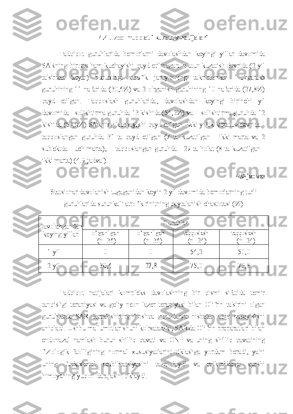 4.4 Uzoq muddatli kuzatuv natijalari
Tadqiqot   guruhlarida   bemorlarni   davolashdan   keyingi   yillar   davomida
SARning birorta ham kuchayishi qayd etilmagan. Butun kuzatish davrida (2 yil
ta'sirdan   keyin)   burundagi   atrofik   jarayonning   takrorlanishi   1-o'rganish
guruhining 11 nafarida (30,6%)  va 2-o'rganish  guruhining 10 nafarida (27,8%)
qayd   etilgan.   Taqqoslash   guruhlarida,   davolashdan   keyingi   birinchi   yil
davomida I solishtirma guruhda 13 kishida (54,2%) va II solishtirma guruhda 12
kishida (50,0%) SARning kuchayishi qayd etilgan. Ikki yillik kuzatuv davrida I
taqqoslangan   guruhda   31   ta   qayd   etilgan   (7   ta   kuzatilgan   -   ikki   marta   va   2
sub'ektda - uch marta), II taqqoslangan guruhda - 29 ta holat (8 ta kuzatilgan -
ikki marta) (4.9-jadval).
4.9-jadval 
Statsionar davolanish tugaganidan keyin 2 yil davomida bemorlarning turli
guruhlarida surunkali atrofik rinitning qaytalanish chastotasi (%)
Davolangandan
keying yillar Guruhlar
o’rganilgan
I(n=36) o’rganilgan
II(n=36)	
taqqoslash I
(n=24)	
taqqoslash II(n=24)
  1-yil	
0	0 54,2 50,0
  2-yil 30,6
27,8 75,0 70,8
Tadqiqot   natijalari   kompleks   davolashning   bir   qismi   sifatida   temir
tanqisligi   terapiyasi   va   geliy   neon   lazer   terapiyasi   bilan   Olifrin   ta'sirini   olgan
guruhlarda   SAR   tarqalishining   boshqa   guruhlarga   nisbatan   aniq   pasayishini
aniqladi. Ushbu ma'lumotlar shuni ko'rsatadiki, SARda Olifrin preparatlari bilan
endonazal   namlash   burun   shilliq   qavati   va   ONP   va   uning   shilliq   qavatining
fiziologik   faolligining   normal   xususiyatlarini   tiklashga   yordam   beradi,   ya'ni
uning   funktsional   reabilitatsiyasini   ta'minlaydi   va   mikroblarga   qarshi
himoyaning yuqori darajasini tiklaydi. 