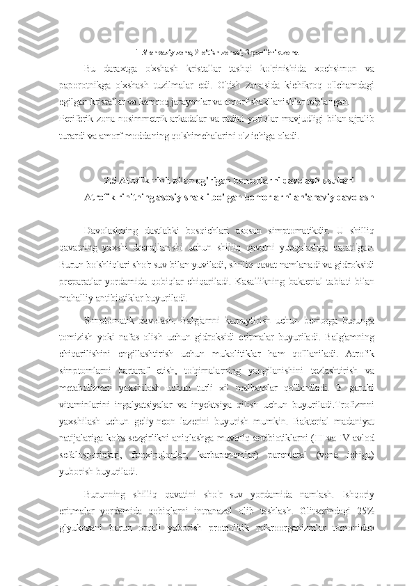 1-Markaziy zona, 2-o'tish zonasi, 3-periferik zona
Bu   daraxtga   o'xshash   kristallar   tashqi   ko'rinishida   xochsimon   va
paporotnikga   o'xshash   tuzilmalar   edi.   O'tish   zonasida   kichikroq   o'lchamdagi
egilgan kristallar va kamroq jarayonlar va amorf shakllanishlar to'plangan.
Periferik zona nosimmetrik arkadalar va radial yoriqlar mavjudligi bilan ajralib
turardi va amorf moddaning qo'shimchalarini o'z ichiga oladi.
2.5 Atrofik rinit bilan og'rigan bemorlarni davolash usullari
Atrofik rinitning asosiy shakli bo'lgan bemorlarni an'anaviy davolash
Davolashning   dastlabki   bosqichlari   asosan   simptomatikdir.   U   shilliq
qavatning   yaxshi   drenajlanishi   uchun   shilliq   qavatni   yupqalashga   qaratilgan.
Burun bo'shliqlari sho'r suv bilan yuviladi, shilliq qavat namlanadi va gidroksidi
preparatlar   yordamida   qobiqlar   chiqariladi.   Kasallikning   bakterial   tabiati   bilan
mahalliy antibiotiklar buyuriladi.
Simptomatik   davolash.   Balg'amni   kamaytirish   uchun   bemorga   burunga
tomizish   yoki   nafas   olish   uchun   gidroksidi   eritmalar   buyuriladi.   Balg'amning
chiqarilishini   engillashtirish   uchun   mukolitiklar   ham   qo'llaniladi.   Atrofik
simptomlarni   bartaraf   etish,   to'qimalarning   yangilanishini   tezlashtirish   va
metabolizmni   yaxshilash   uchun   turli   xil   malhamlar   qo'llaniladi.   B   guruhi
vitaminlarini   ingalyatsiyalar   va   inyektsiya   qilish   uchun   buyuriladi.Trofizmni
yaxshilash   uchun   geliy-neon   lazerini   buyurish   mumkin.   Bakterial   madaniyat
natijalariga ko'ra sezgirlikni aniqlashga muvofiq antibiotiklarni (III va IV avlod
sefalosporinlari,   ftorxinolonlar,   karbapenemlar)   parenteral   (vena   ichiga)
yuborish buyuriladi.
Burunning   shilliq   qavatini   sho'r   suv   yordamida   namlash.   Ishqoriy
eritmalar   yordamida   qobiqlarni   intranazal   olib   tashlash.   Glitserindagi   25%
glyukozani   burun   orqali   yuborish   proteolitik   mikroorganizmlar   tomonidan 