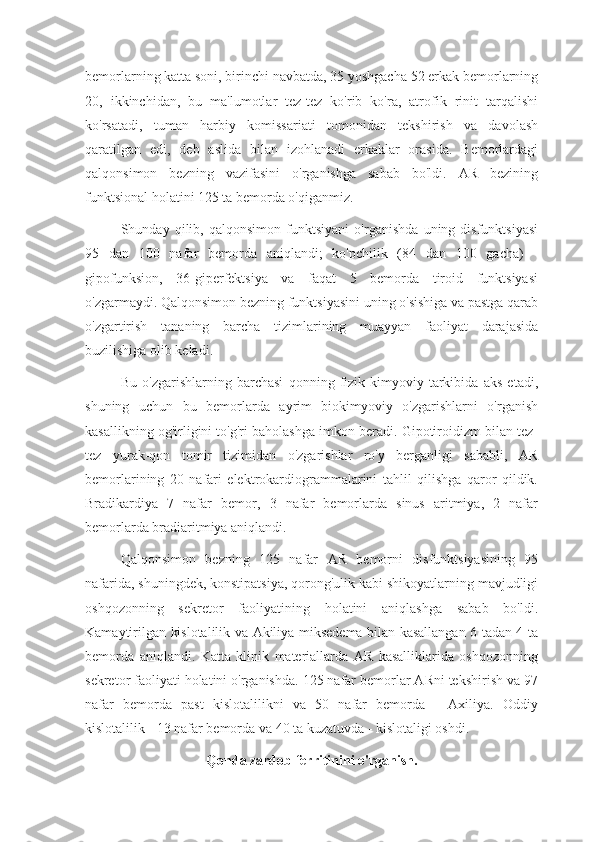 bemorlarning katta soni, birinchi navbatda, 35 yoshgacha 52 erkak bemorlarning
20,   ikkinchidan,   bu   ma'lumotlar   tez-tez   ko'rib   ko'ra,   atrofik   rinit   tarqalishi
ko'rsatadi,   tuman   harbiy   komissariati   tomonidan   tekshirish   va   davolash
qaratilgan   edi,   deb   aslida   bilan   izohlanadi   erkaklar   orasida.   Bemorlardagi
qalqonsimon   bezning   vazifasini   o'rganishga   sabab   bo'ldi.   AR   bezining
funktsional holatini 125 ta bemorda o'qiganmiz.
Shunday   qilib,   qalqonsimon   funktsiyani   o'rganishda   uning   disfunktsiyasi
95   dan   100   nafar   bemorda   aniqlandi;   ko'pchilik   (84   dan   100   gacha)   -
gipofunksion,   36-giperfektsiya   va   faqat   5   bemorda   tiroid   funktsiyasi
o'zgarmaydi. Qalqonsimon bezning funktsiyasini uning o'sishiga va pastga qarab
o'zgartirish   tananing   barcha   tizimlarining   muayyan   faoliyat   darajasida
buzilishiga olib keladi.
Bu   o'zgarishlarning   barchasi   qonning   fizik-kimyoviy   tarkibida   aks   etadi,
shuning   uchun   bu   bemorlarda   ayrim   biokimyoviy   o'zgarishlarni   o'rganish
kasallikning og'irligini to'g'ri baholashga imkon beradi. Gipotiroidizm bilan tez-
tez   yurak-qon   tomir   tizimidan   o'zgarishlar   ro'y   berganligi   sababli,   AR
bemorlarining   20   nafari   elektrokardiogrammalarini   tahlil   qilishga   qaror   qildik.
Bradikardiya   7   nafar   bemor,   3   nafar   bemorlarda   sinus   aritmiya,   2   nafar
bemorlarda bradiaritmiya aniqlandi. 
Qalqonsimon   bezning   125   nafar   AR   bemorni   disfunktsiyasining   95
nafarida, shuningdek, konstipatsiya, qorong'ulik kabi shikoyatlarning mavjudligi
oshqozonning   sekretor   faoliyatining   holatini   aniqlashga   sabab   bo'ldi.
Kamaytirilgan kislotalilik va Akiliya miksedema bilan kasallangan 6 tadan 4 ta
bemorda   aniqlandi.   Katta   klinik   materiallarda   AR   kasalliklarida   oshqozonning
sekretor faoliyati holatini o'rganishda. 125 nafar bemorlar ARni tekshirish va 97
nafar   bemorda   past   kislotalilikni   va   50   nafar   bemorda   -   Axiliya.   Oddiy
kislotalilik - 13 nafar bemorda va 40 ta kuzatuvda - kislotaligi oshdi.
Qonda zardob ferritinini o'rganish. 