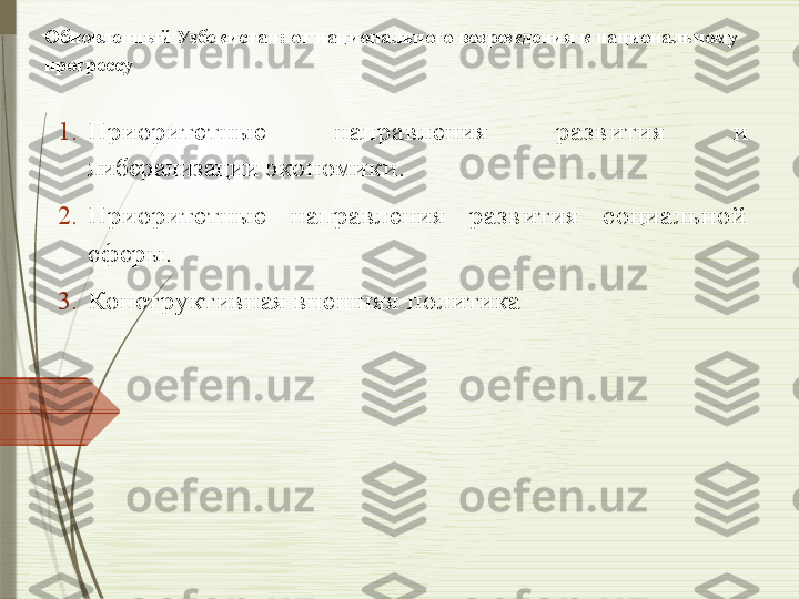 Обновленный Узбекистан: от национального возрождения к национальному 
прогрессу 
1. Приоритетные  направления  развития  и 
либерализации  экономики.
2. Приоритетные  направления  развития  социа льной 
с феры.
3. Конст руктивная внешняя политика              