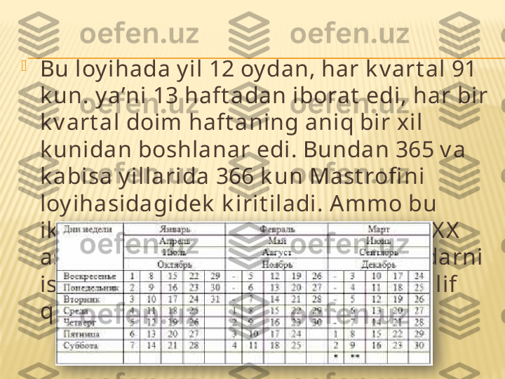 
Bu loy ihada y il 12 oy dan, har k v art al 91 
k un. y a’ni 13 haft adan iborat  edi, har bir 
k v art al doim haft aning aniq bir xil 
k unidan boshlanar edi. Bundan 365 v a 
k abisa y illarida 366 k un Mast rofi ni 
loy ihasidagidek  k irit iladi. A mmo bu 
ik k ala loy iha ham qabul qilinmadi. X X  
asrning birinchi y illaridanoq k alendarni 
isloh qilish maqsadida loy ihalar t ak lif 
qilindi.  