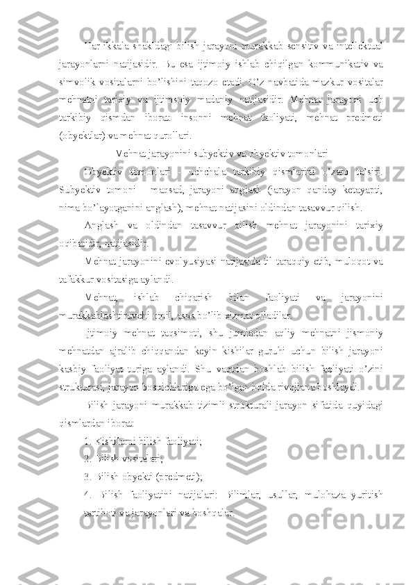 Har   ikkala   shakldagi   bilish   jarayoni   murakkab   sensitiv   va   intellektual
jarayonlarni   natijasidir.   Bu   esa   ijtimoiy   ishlab   chiqilgan   kommunikativ   va
simvolik   vositalarni   bo’lishini   taqozo   etadi.   O’z   navbatida   mazkur   vositalar
mehnatni   tarixiy   va   ijtimsoiy   madaniy   natijasidir.   Mehnat   jarayoni   uch
tarkibiy   qismdan   iborat:   insonni   mehnat   faoliyati,   mehnat   predmeti
(obyektlar) va mehnat qurollari.
Mehnat jarayonini sub ye ktiv va obyektiv tomonlari
Obyektiv   tomonlari   -   uchchala   tarkibiy   qismlarini   o’zaro   ta’siri.
Subyektiv   tomoni   -   maqsad,   jarayoni   anglash   (jarayon   qanday   ketayapti,
n ima bo’layotganini anglash), mehnat natijasini oldindan tasavvur qilish.
Anglash   va   oldindan   tasavvur   qilish   mehnat   jarayonini   tarixiy
oqibatidir, natijasidir.
Mehnat jarayonini evolyusiyasi natijasida til taraqqiy etib, muloqot va
tafakkur vositasiga aylandi.
Mehnat,   ishlab   chiqarish   bilan   faoliyati   va   jarayonini
murakkablashtiruvchi omil, asos bo’lib xizmat qiladilar.
Ijtimoiy   mehnat   taqsimoti,   shu   jumladan   aqliy   mehnatni   jismoniy
mehnatdan   ajralib   chiqqandan   keyin   kishilar   guruhi   uchun   bilish   jarayoni
kasbiy   faoliyat   turiga   aylandi.   Shu   vaqtdan   boshlab   bilish   faoliyati   o’zini
strukturasi, jarayon bosqichlariga ega bo’lgan holda rivojlana boshlaydi.
Bilish   jarayoni   murakkab   tizimli   strukturali   jarayon   sifatida   quyidagi
qismlardan iborat:
1. Kishilarni bilish faoliyati;
2. Bilish vositalari;
3. Bilish obyekti (predmeti);
4.   Bilish   faoliyatini   natijalari:   Bilimlar,   usullar,   mulohaza   yuritish
tartiboti va jarayonlari va boshqalar. 