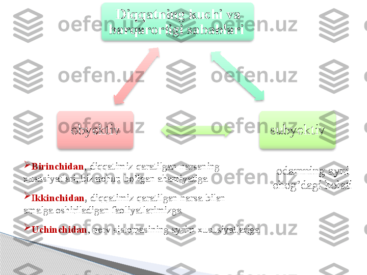 Diqqatning kuchi va 
barqarorligi  sabablari  
sub ye ktivob y ektiv

Birinchidan , diqqatimiz qaratilgan narsaning 
xususiyatlari, biz uchun bo’lgan ahamiyatiga

I kkinchidan ,   diqqatimiz qaratilgan narsa bilan 
amalga oshiriladigan faoliyatlarimizga

U chinchidan ,  nerv sistemasining ayrim xususiyatlariga odamning ayni 
chog’dagi holati           