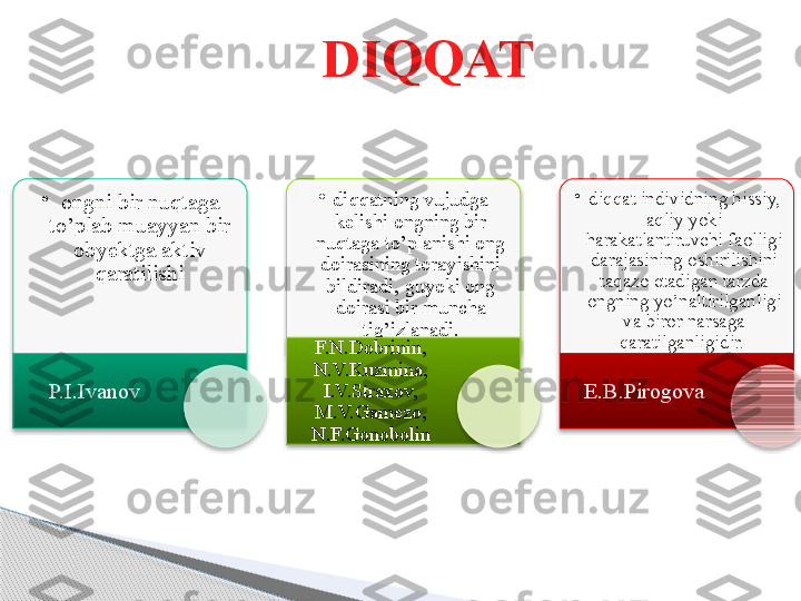 DIQQAT
•
ongni bir nu q taga 
to’plab muayyan bir 
ob y ektga aktiv 
q aratilish i
P.I.Ivanov  •
di qq atning vujudga 
kelishi ongning bir 
nu q taga to’planishi ong 
doirasining torayishini 
bildiradi, guyoki ong 
doirasi bir muncha 
ti g’ izlanadi.
F.N.Dobrinin, 
N.V.Kuzmina, 
I.V.Straxov, 
M.V.Gamezo, 
N.F.Gonobolin •
diqqat individning hissiy, 
aqliy yoki 
harakatlantiruvchi faolligi 
darajasining oshirilishini 
taqazo etadigan tarzda 
ongning yo’naltirilganligi 
va biror narsaga 
qaratilganligidir. 
E.B.Pirogova                       