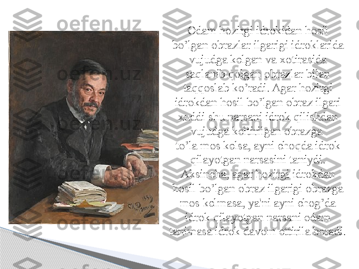 O dam hozirgi idrokidan hosil 
bo’lgan obrazlar ilgarigi idroklarida 
vujudga kelgan va xotirasida 
saqlanib qolgan obrazlar bilan 
taqqoslab ko’radi. Agar hozirgi 
idrokdan hosil bo’lgan obraz ilgari 
xuddi shu narsani idrok qilishdan 
vujudga keltirilgan obrazga 
to’la mos kelsa, ayni cho q da idrok 
q ilayotgan narsasini taniydi. 
Aksincha, agar hozirgi idrokdan 
hosil bo’lgan obraz ilgarigi obrazga 
mos kelmasa, ya'ni ayni chog’da 
idrok qilayotgan narsani odam 
tanimasa idrok davom ettirila beradi.      