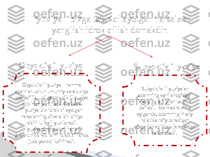 Illyuziya  - bizga ta'sir qilayotgan narsalarni 
yanglish idrok qilish demakdir.
O b ye ktiv illyuziya
Subye ktiv illyuziya
Ob y ektiv illyuziya - hamma 
odamlar uchun umumiy xarakterga 
ega bo’lib, uni geometrik illyuziya 
deb ham yuritiladi. Ob'ektiv 
illyuziya biz idrok qilayotgan 
narsalarning o’zaro bir-biriga 
ta'siri tufayli yuz beradi. 
Illyuziyaning bu turi har xil 
geometrik shakllarni idrok qilishda 
juda yaqqol ko’rinadi. Sub ye ktiv illyuziyalar 
odamning ayni chog’dagi 
hissiy holati bilan bog’liq 
bo’ladi. Boshqacha qilib 
aytganda, odamning hissiy 
holatida ro’y beradigan 
o’zgarishlar idrok jarayoniga 
ta'sir qiladi.     