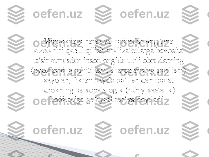 Voqelikdagi narsa va hodisalarning tana 
a'zolarini qabul qilish analizatorlarga bevosita 
ta'sir etmasdan inson ongida turli obrazlarning 
(ovozlarning eshitilishi, sharpalarning sezilishi) 
xayolan, fikran paydo bo’lishidan iborat 
idrokning psixopatalogik (ruhiy xastalik) 
hodisasiga  gallyusinasiya  deyiladi.      