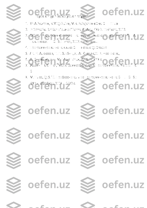            Foydalanilgan ea dabiyotlar ro’yxati
1. Sh.A.Nazirov, R.V.Qobulov, M.R.Babajanov «C va C++ TILI»
2. Informatika fanidan o’quv qo’llanma //TATU 489 b. Toshkent, 2012.
3. C/C++.   Программирование   на   языке   высокого   уровня   /   Т.   А.
Павловская. — СПб.:Питер, 2003. —461 с: ил.
4. Программирование на языке С++ в среде Qt Creator:
5. / Е. Р. Алексеев, Г. Г. Злобин, Д. А. Костюк,О. В. Чеснокова,
6. А. С. Чмыхало — М. : ALT Linux, 2015. — 448 с.
7. Жасмин   Бланшет,   Марк   Саммерфилд   Qt   4:Программирование   GUI   на
C++
8. М.Шлее, Qt 5.10. Профессиональное программирование на С++. - СПб.:
БХВ-Петербург, 2018. - 1072 с. 