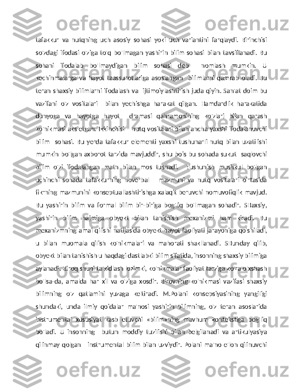 tafakkur   va   nutqning   uch   asosiy   sohasi   yoki   uch   variantini   farqlaydi.   Birinchisi
so'zdagi   ifodasi   o'ziga   to'q   bo'lmagan   yashirin   bilim   sohasi   bilan   tavsiflanadi.   Bu
sohani   ifodalab   bo'lmaydigan   bilim   sohasi   deb     nomlash   mumkin.   U
kechinmalarga   va   hayot   taassurotlariga   asoslangan     bilimlarni   qamrab   oladi.   Bu
teran  shaxsiy  bilimlarni ifodalash   va   ijtimoiylashtirish  juda  qiyin. San'at   doim  bu
vazifani   o'z   vositalari     bilan   yechishga   harakat   qilgan.   Hamdardlik   harakatida
dunyoga   va   hayotga   hayot     dramasi   qahramonining   ko'zlari   bilan   qarash
ko'nikmasi aks etgan. Ikkinchisi – nutq vositalari bilan ancha yaxshi ifodalanuvchi
bilim     sohasi.   Bu   yerda   tafakkur   elementi   yaxshi   tushunarli   nutq   bilan   uzatilishi
mumkin   bo'lgan   axborot   tarzida   mavjuddir,   shu   bois   bu   sohada   sukut     saqlovchi
bilim   o'zi   ifodalangan   matn   bilan   mos   tushadi.     Tushunish   mushkul   bo'lgan
uchinchi   sohada   tafakkurning   noverbal       mazmuni   va   nutq   vositalari   o'rtasida
fikrning mazmunini konseptuallashtirishga xalaqit beruvchi nomuvofiqlik mavjud.
Bu   yashirin   bilim   va   formal   bilim   bir-biriga   bog'liq   bo'lmagan   sohadir.   SHaxsiy,
yashirin   bilim   hajmiga   obyekt   bilan   tanishish   mexanizmi   ham   kiradi.   Bu
mexanizmning amal qilishi natijasida obyekt  hayot  faoliyati jarayoniga qo'shiladi,
u   bilan   muomala   qilish   ko'nikmalari   va   mahorati   shakllanadi.   SHunday   qilib,
obyekt bilan tanishish u haqdagi dastlabki bilim sifatida, insonning shaxsiy bilimiga
aylanadi. Biroq shuni ta'kidlash lozimki, ko'nikmalar faoliyat tarziga ko'ra o'xshash
bo'lsa-da,   amalda   har   xil   va   o'ziga   xosdir.   Birovning   ko'nikmasi   vazifasi   shaxsiy
bilimning   o'z   qatlamini   yuzaga   keltiradi.   M.Polani   konsepsiyasining   yangiligi
shundaki,   unda   ilmiy   qoidalar   ma'nosi   yashirin   bilimning,   o'z   teran   asoslarida
instrumental   xususiyat   kasb   etuvchi   «bilim»ning   mavhum   kontekstiga   bog'liq
bo'ladi.   U   insonning     butun   moddiy   tuzilishi   bilan   belgilanadi   va   artikulyasiya
qilinmay  qolgan       instrumental  bilim   bilan   uzviydir.  Polani  ma'no   e'lon   qilinuvchi 