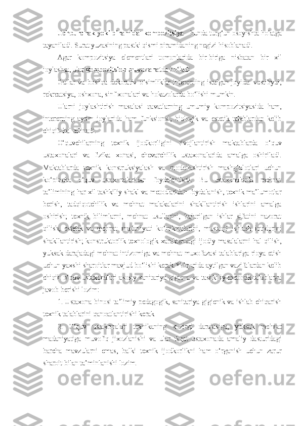 Uchburchak yoki piramidal kompozitsiya  - bunda turg‘un osoyishta holatga
tayaniladi. Surat yuzasining pastki qismi piramidaning negizi hisoblanadi. 
Agar   kompozitsiya   elementlari   tomonlarida   bir-biriga   nisbatan   bir   xil
joylashsa, ular  kompozitsion muvozanat da bo‘ladi. 
Gullar   va   boshqa   dekorativ   o‘simliklar   intererning   istalgan   joyida:   vestibyul,
rekreatsiya, oshxona, sinf xonalari va hokazolarda bo‘lishi mumkin. 
Ularni   joylashtirish   masalasi   qavatlarning   umumiy   kompozitsiyasida   ham,
intererning   ayrim   joylarida   ham   funksional,   biologik   va   estetik   talablardan   kelib
chiqib hal qilinadi.
O‘quvchilarning   texnik   ijodkorligini   rivojlantirish   maktablarda   o‘quv
ustaxonalari   va   fizika   xonasi,   chevarchilik   ustaxonalarida   amalga   oshiriladi.
Maktablarda   texnik   konstruksiyalash   va   modellashtirish   mashg‘ulotlari   uchun
ko‘pincha   o‘quv   ustaxonalaridan   foydalaniladi.   Bu   ustaxonalarda   mehnat
ta’limining har xil tashkiliy shakl va metodlaridan foydalanish, texnik ma’lumotlar
berish,   tadqiqotchilik   va   mehnat   malakalarini   shakllantirish   ishlarini   amalga
oshirish;   texnik   bilimlarni,   mehnat   usullarini,   bajarilgan   ishlar   sifatini   nazorat
qilish,   estetik   va   mehnat   madaniyati   ko‘nikmalarini,   mustaqil   ishlash   iqtidorini
shakllantirish;  konstruktorlik texnologik xarakterdagi  ijodiy masalalarni  hal  qilish,
yuksak darajadagi mehnat intizomiga va mehnat muxofazasi talablariga rioya etish
uchun yaxshi sharoitlar mavjud bo‘lishi kerak.YUqorida aytilgan vazifalardan kelib
chiqib o‘quv ustaxonalari  asosiy sanitariya-gigiena va tashkiliy-metodik talablarga
javob berishi lozim:
1. Ustaxona binosi ta’limiy-pedagogik, sanitariya-gigienik va ishlab chiqarish
texnik talablarini qanoatlantirishi kerak
2.   O‘quv   ustaxonalari   texnikaning   xozirgi   darajasiga,   yuksak   mehnat
madaniyatiga   muvofiq   jixozlanishi   va   ular   faqat   ustaxonada   amaliy   dasturidagi
barcha   mavzularni   emas,   balki   texnik   ijodkorlikni   ham   o‘rganish   uchun   zarur
sharoit bilan ta’minlanishi lozim. 