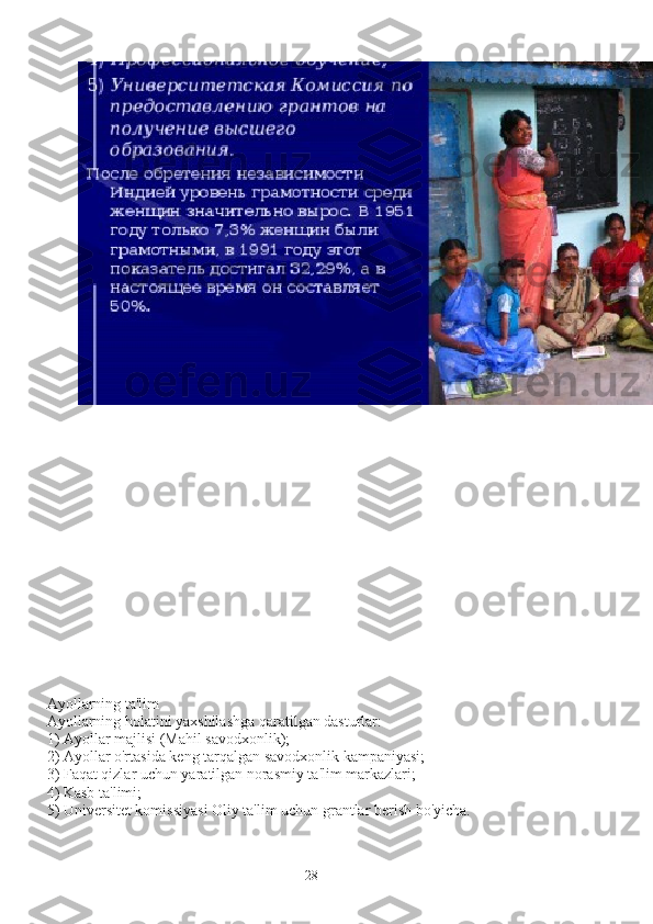 Ayollarning ta'lim
Ayollarning holatini yaxshilashga qaratilgan dasturlar:
1)   Ayollar majlisi (Mahil savodxonlik);
2)   Ayollar o'rtasida keng tarqalgan savodxonlik kampaniyasi;
3)   Faqat qizlar uchun yaratilgan norasmiy ta'lim markazlari;
4)   Kasb ta'limi;
5)   Universitet komissiyasi Oliy ta'lim uchun grantlar berish bo'yicha.
28 