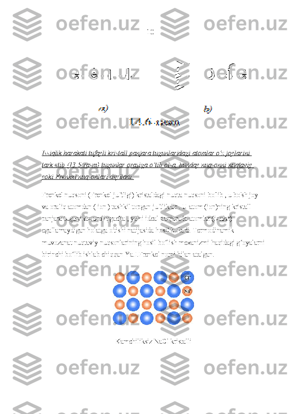 10
               
Issiqlik harakati	 tufayli	 kristall	 panjara	 tugunlaridagi	 atomlar	 o’z	 joylarini	 
tark	
 etib	 (13.5-rasm)	 tugunlar	 orasiga	 o’tib	 olsa,	 bunday	 nuqsonni	 nuqtaviy	 
yoki	
 Frenkel	 nuqsonlari	 deyiladi.
Frenkel   nuqsoni  ( Frenkel   juftligi )  kristaldagi   nuqta   nuqsoni   bo ' lib  ,  u   bo ' sh   joy  
va   oraliq   atomdan  (  ion  )  tashkil   topgan   juftlikdir  .  U atom (ion)ning kristall 
panjara tugunidan oraliqgacha , ya'ni ideal panjarada atomlar (ionlar) 
egallamaydigan holatga o'tishi natijasida hosil bo'ladi. Termodinamik 
muvozanat nuqtaviy nuqsonlarining hosil bo lish mexanizmi haqidagi g oyalarni	
ʻ ʻ
birinchi bo lib ishlab chiqqan Ya.I.Frenkel nomi bilan atalgan.	
ʻ
Kamchiliksiz NaCl kristalli 