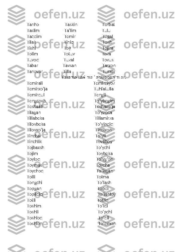 Tanho                        Taskin                       Turbat
Taslim                       Taʼlim                        Tulu
Taqdim                     Temir                         Tugal
Tilak                          Tiniq                           Tosh
Tishi                          Toy                             Tojira
Tolim                        Totuv                         Toza                      
Tuvoq                       Tuzal                          Tovus                                  
Tabar                       Tavsan                        Tarxon
Tanovar                   Tilla                             Tumor
                                 Yasama tuzilmali antroponimlar .
Temirali                                               Temirniyoz                   
Temirxo’ja                                           Tuhfatulla
Temirqul                                              Tengli                            
Tengdosh                                             To’ybegim
Teshaali                                                Teshaxo’ja                     
Tilagan                                                  To’yzoda
Tillabeka                                               Tillamirza                      
Tilovbeka                                              To’yindiq
Tilovxo’ja                                              Tindixon                       
Tinchar                                                  To’yli
Tinchlik                                                  Tovliboy                         
Tojbaxsh                                                To’ychi
Tojim                                                      Toybeka                        
Toyloq                                                    To’yg’on
Toymas                                                  Toycha                           
Toychoq                                                 To’lagan
Tolli                                                         Tolma                            
Tongchi                                                   To’lash
Topgan                                                    Topdi                             
Topildiq                                                   To’lantoy
Totli                                                         Totliq                            
Toshim                                                    To’ldi
Toshli                                                       To’pchi
Toshloq                                                    To’qli
Toshlon                                                    To’qmon 