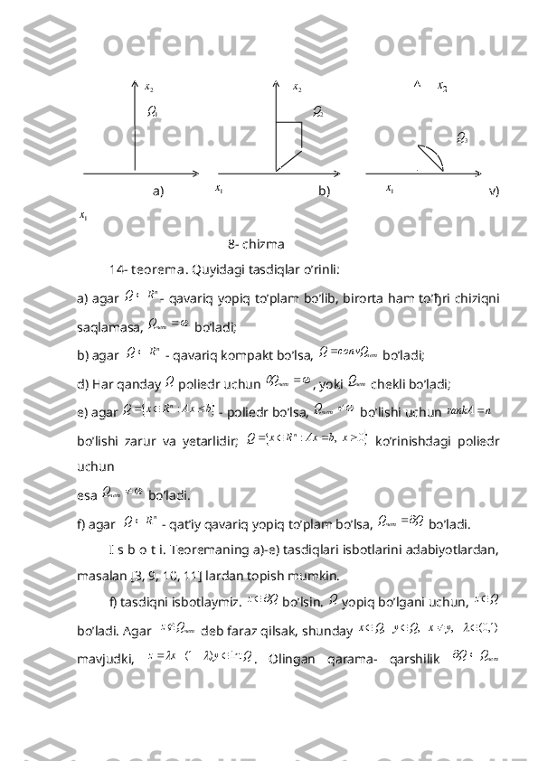                     2x                                          	2x                                         	2x
                     	
1Q                                               	2Q
                                                                                                                    3Q
                     a)              	
1x                           b)               	1x                           v)	
1x
         
                                              8- chizma
14- t eorema . Quyidagi tasdiqlar o’rinli:
a) agar  	
nR	Q	 - qavariq yopiq to’plam bo’lib, birorta ham to’ ђ ri chiziqni
saqlamasa, 	
	четQ  bo’ladi;
b) agar  
nR	Q	  - qavariq kompakt bo’lsa,  чет	convQ	Q	
 bo’ladi;
d) Har qanday 	
Q  poliedr uchun 		четQ , yoki 	четQ  chekli bo’ladi;
e) agar 	
	b	Ax	R	x	Q n				:
 - poliedr bo’lsa, 		четQ  bo’lishi uchun 	n	rankA	  
bo’lishi   zarur   va   yetarlidir;  	
	0	  ,	:					x	b	Ax	R	x	Q n
  ko’rinishdagi   poliedr
uchun 
esa 	
	четQ  bo’ladi. 
f) agar  	
nR	Q	  - qat’iy qavariq yopiq to’plam bo’lsa, 	Q	Qчет	  bo’ladi.
I s b o t i. Teoremaning a)-e) tasdiqlari isbotlarini adabiyotlardan,
masalan [3, 9, 10, 11] lardan topish mumkin.
f) tasdiqni isbotlaymiz. 	
Q	z		  bo’lsin. 	Q  yopiq bo’lgani uchun, 	Q	z
bo’ladi. Agar    четQz 
 deb faraz qilsak, shunday 	
)1,0(	   ,	   ,	   ,						y	x	Q	y	Q	x
mavjudki,  	
Q	y	x	z	int	)	1(						 .   Olingan   qarama-   qarshilik  	четQ	Q		 