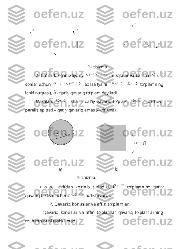                                                  3-  chizma
2-   t   a ’   r   i   f .   Agar   ixtiyoriy   	   ,	,	y	x	Q	y	x		 ,   nuqtalar   va   barcha   )1,0(	
sonlar   uchun  	
Q	y	x	int	)	1(					     bo ’ lsa   ( ya ’ ni  	Q	y	x	z					)	1(		   to ’ plamning
ichki   nuqtasi ), 	
Q -  qat ’ iy   qavariq   to ’ plam   deyiladi .
Masalan ,  	
),	(	r	d	K   -   shar   –   qat ’ iy   qavariq   to ’ plam ,  	n	v	u	P	),	(   o ’ lchovli
parallelepiped  –  qat ’ iy   qavariq   emas  (4- chizma ).
                          	
Q	z	int	  	y                                                         	x
                         	
x       	d                                                               	Q	z	int	      
                                                                                                   	
y
                               a)                                                 b)
                                                4- chizma.
I   z   o   h.   Ta’rifdan   ko’rinib   turibdiki,  	
nR	Q	   to’plamning   qat’iy
qavariq bo’lishi uchun, 	
	Q	int  bo’lishi zarur.
              2 .  Qav ariq k onuslar v a affi n t o’plamlar . 
                  Qavariq   konuslar   va   affin   to’plamlar   qavariq   to’plamlarning
muhim sinfini tashkil etadi. 