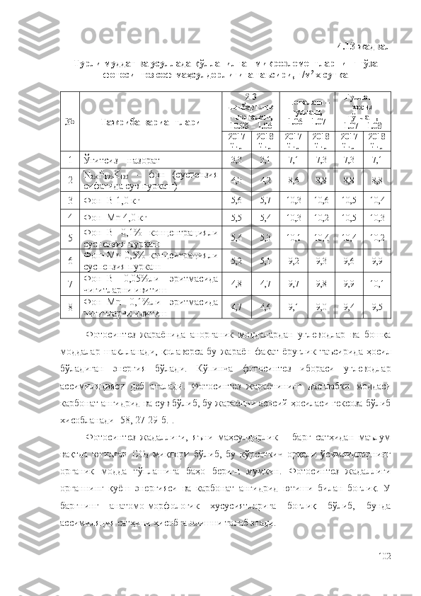 4.13-жадвал
Турли муддат ва усуллада қўлланилган микроэлементларнинг ғўза
фотосинтез соф маҳсулдорлигига таъсири, г/м 2 
х сутка
№ Тажриба   вариантлари 2-3
чинбарглик
– шоналаш,
10.05 – 1.06 Шоналаш –
гуллаш,
1.06 – 1.07 Гуллаш –
ҳосил
тўплаш,
1.07 – 1.08
201 7
йил 201 8
йил 201 7
йил 201 8
йил 201 7
йил 201 8
йил
1 Ўғитсиз – назорат 3,3 3, 1 7,1 7, 3 7,3 7, 1
2 N
250 P
175 K
125   –   фон   (суспензия
сифатида сув пуркаш) 4,0 4, 2 8,6 8, 8 8,8 8,8
3 Фон+B 1,0 кг 5,6 5, 7 10,3 10, 6 10,5 10, 4
4 Фон+Mn 4,0 кг 5,5 5, 4 10,3 10, 2 10,5 10, 3
5 Фон+B   0,1%   концентрацияли
суспензия пуркаш 5,4 5, 3 10,1 10, 4 10,4 10, 2
6 Фон+Mn   0,5%   концентрацияли
суспензия пуркаш 5,2 5,1 9,2 9,3 9,6 9,9
7 Фон+B   0,05%ли   эритмасида
чигитларни ивитиш 4,8 4, 7 9,7 9, 8 9,9 10,1
8 Фон+Mn   0,1%ли   эритмасида
чигитларни ивитиш 4,7 4, 6 9,1 9, 0 9,4 9, 5
Фотосинтез   жараёнида   анорганик   моддалардан   углеводлар   ва   бошқа
моддалар   шаклланади ,   қолаверса   бу   жараён   фақат   ёруғлик   таъсирида   ҳосил
бўладиган   энергия   бўлади .   Кўпинча   фотосинтез   ибораси   углеводлар
ассимиляцияси   деб   аталади .   Фотосинтез   жараёнининг   дастлабки   моддаси
карбонат   ангидрид   ва   сув   бўлиб ,  бу   жараённи   асосий   ҳосиласи   гексоза   бўлиб
хисобланади  [ 58,  27-29- б .].
Фотосинтез   жадаллиги,   яъни   маҳсулдорлик   –   барг   сатҳидан   маълум
вақтда   ютилган   СО
2   миқдори   бўлиб,   бу   кўрсаткич   орқали   ўсимликларнинг
органик   модда   тўплашига   баҳо   бериш   мумкин.   Фотосинтез   жадаллиги
органнинг   қуёш   энергияси   ва   карбонат   ангидрид   ютиши   билан   боғлиқ.   У
баргнинг   анатомо-морфологик   хусусиятларига   боғлиқ   бўлиб,   бунда
ассимиляция сатҳини ҳисобга олишни талаб этади.
102 