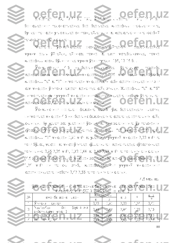 S.K.Singh   [189,   17-41-б.,   190,   9-14-б.],   L.L.Somali   [191,   14-74-б.]
бошқаларнинг   тадқиқотларида   бор   баргларда   хлорофилл   шаклланишига,
бундан ташқари  углеводлар синтези,  айланиши ва ҳаракатланишига  ижобий
таъсир этиши аниқланган. 
Марганец   ўсимликларда   оксидланиш-қайтарилиш   реакцияларида
муҳим   роль   ўйнайди,   айниқса   темир   ва   азот   метаболизмида,   темир
хлорофилл ҳосил бўлишишда муҳим ўрин тутади [156, 12-16-б.].
Ўсимликнинг   4-5   чинбарглик   даврида   ўрганилган   тажриба
вариантларида   каротиноидлар   миқдори   1,13-1,36   мг/г   оралиғида   бўлиб,
хлорофилл “а” ва “b” пигментлари миқдоридаги каби каротиноидларнинг энг
кам   миқдори  ўғитсиз-назорат   вариантда   қайд   этилди.   Хлорофилл   “а”   ва  “б”
пигментларининг умумий миқдорининг каротиноидларга нисбати ўрганилган
вариантларда 2,47-3,34 га тенглиги аниқланди.
Ўсимликнинг   шоналаш   фазасига   келиб   ғўза   баргларидаги   пластид
пигментлар миқдори 4-5 чинбарглик фазасидагига қараганда ортганлиги қайд
қилинди.   Бу   ҳолат   эса   уларнинг   ўсиши   ва   ривожланишига   ўз   таъсирини
кўрсатди.   Ўғитсиз-назорат   вариантда   хлорофилл   “а”   миқдори   2,32   мг/г,
хлорофилл “b”  миқдори 0,90  мг/г  ва  уларнинг  умумий  миқдори  3,22 мг/г  га
тенг бўлса, макро- ва микроўғитлар қўлланилган вариантларда кўрсаткичлар
тегишлича   2,95-3,26   мг/г,   0,72-0,88   ва   3,82-3,98   мг/г   га   тенглиги   аниқланди
(4.6-жадвал). Каротиоидлар миқдори эса тажриба вариантларида бўйича 1,12-
1,34   мг/г   ни   ташкил   этиб,   хлорофилларнинг   умумий   миқдорининг
каротиноидларга нисбати 2,43-3,55 га тенглиги аниқланди. 
4.6-жадвал
Ғўзанинг ривожланиш даврларида баргларида пластид пигментлар
миқдори,  мг/г (2017-2020 йй., шоналаш) 
№ Тажриба вариантлари Хлорофилл
а+ b * а+    b   
*
а b
1 Ўғитсиз – назорат 2,32 0,90 3,22 1,34 2,40
2 N
250 P
175 K
125   –   фон   (суспензия
сифатида сув пуркаш) 2,97 0,87 3,84 1,22 3,15
3 Фон+B 1,0 кг 2,98 0,86 3,84 1,23 3,12
4 Фон+Mn 4,0 кг 2,97 0,88 3,85 1,22 3,16
88 