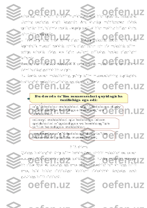 sohasidagi   intilishlarini   aniqlash   mumkin.   Bir   so’z   bilan   aytganda,   pedagogika
ularning   asarlariga   singib   ketgandir.   Ana   shunday   ma’rifatparvar   o’zbek
ayollaridan   biri,  halqimiz  orasida  Uvaysiy  taxallusi   bilan   mashhur   bo’lgan  shoira
Jahon Otin Uvaysiydir. 
U   1796-97   yillarda   onasi   otinlik   qilgan   xususiy   maktabda   dastlab   halifalik   va
keyinchalik   mustaqil   ravishda   otinlik   qilgan   Jahon   otin   o’z   maktabida   ta’lim-
tarbiya   sohasida   o’ziga   xos   ilg’or   usullarni   qo’llashga   harakat   qilganligini
ko’ramiz.
Avvalo,   shuni   ta’kidlash   keraki,   XIX   asr   sharoitida   maktablarning   aniq   ta’lim-
tizimi haqidagi gapirish bir oz qiyin.
Bu   davrda   asosan   maktablarning,   ya’niy   ta’lim   muassasalarining   quyidagicha
boshlang’ich maktablar tuzilishiga ega ekanini ko’ramiz: o’g’il	bolalar	maktablari	-o’g’il	bolalarga	diniy	
ta	’lim	-tarbiya	beradigan	boshlang	’ich	
maktablar	;	
otinoyi	maktablari	-qiz	bolalarga	islom	
qoidalarini	o’rgatadigan	va	boshlang	’ich	
ta	’lim	beradigan	maktablar	;	
madrasalar	-o’g’il	bolalarga	diniy	ta	’lim	
beruvchi	oli	y	ta	’lim	muassasalari	;	
Bu 	davrda	ta	’lim	muassasalari	quyidagicha	
tuzilishiga	ega	edi	: 
3-13. chizma
Qizlarga   boshlang’ich   diniy   ta’lim   berishradigan   otinbibi   maktablari   esa   asosan
xusu s iy   bo’lib,   otinlarning   uylarida   tashkil   qilinardi.   Bunday   maktablar   muayyan
bir   o ’ quv   rejasi   va   dasturiga   ega   emas   edilar .   O ’ quvchilar   ham   sinflarga   bo ’ lib
emas ,   balki   bolalar   o ’ qitiladigan   kitoblarni   o ’ zlashtirish   darajasiga   qar a b
gur u hlarga   bo ’ lib   o ’ qitilardi . 