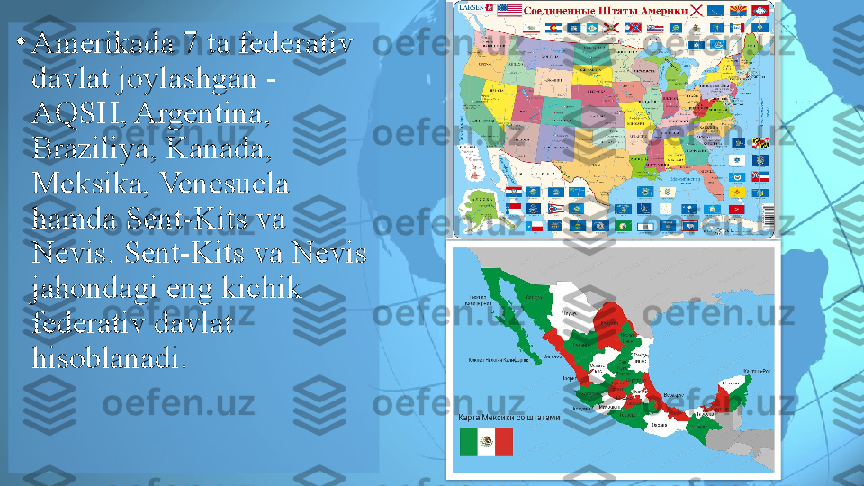 •
Amerikada 7 ta federativ 
davlat joylashgan - 
AQSH, Argentina, 
Braziliya, Kanada, 
Meksika, Venesuela 
hamda Sent-Kits va 
Nevis. Sent-Kits va Nevis 
jahondagi eng kichik 
federativ davlat 
hisoblanadi.     