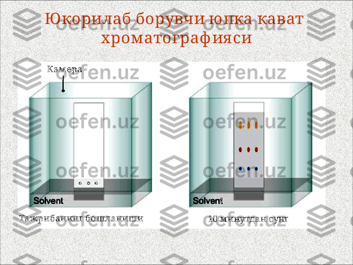 Ю корилаб борувчи ю пка кават  
х ром атог раф ия си
Кам ера
Тажрибанинг бошланиши
  10 м инутдан сунг 