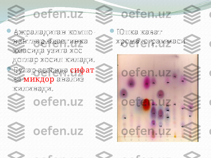 
Ажраладиган компо-
нентлар пластинка 
юзасида узига хос 
доглар хосил килади.

Булар асосида  сиф ат  
ва  м икдор  анализ 
килинади. 
Юпка кават  
хроматограммаси 