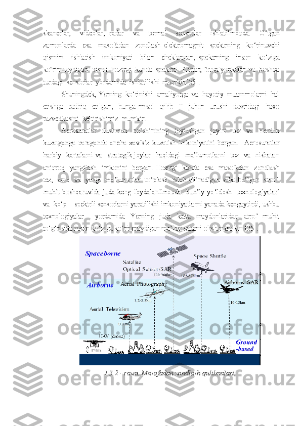 skanerlar,     videolar,   radar     va     termal     sensorlar     ishlatilmoqda.     O ‘ tgan
zamonlarda     esa     masofadan     zondlash   elektromagnit     spektrning     ko ‘ rinuvchi
qismini     ishlatish     imkoniyati     bilan     cheklangan,   spektrning     inson     ko ‘ ziga
ko ‘ rinmaydigan  qismi  hozirgi  kunda  spektral  filtrlar, fotoplyonkalar  va  boshqa
turdagi  sensorlar  yordamida  ishlatilishi  mumkin [25] . 
Shuningdek, Yerning  ko ‘ rinishi  amaliyotga  va  hayotiy  muammolarni  hal
etishga     tadbiq     etilgan,     bunga   misol     qilib     II     jahon     urushi     davridagi     havo
razvedkasini  keltirishimiz  mumkin.
Aerosuratlar   dushman   qo ‘ shinining   joylashgan   joyini   tez   va   Yerdan
kuzatganga   qaraganda   ancha   xavfsiz   kuzatish   imkoniyatini   bergan.     Aerosuratlar
harbiy   kartalarni  va     strategik joylar     haqidagi     ma’lumotlarni     tez   va   nisbatan
aniqroq   yangilash    imkonini    bergan. Hozirgi    kunda    esa   masofadan    zondlash
tez,   aniq   va   yangi   ma’lumotlar   to ‘ plash   talab qilinadigan soha bo ‘ lgan   atrof-
muhit boshqaruvida juda keng foydalanilmoqda. Sun’iy yo ‘ ldosh   texnologiyalari
va  ko ‘ p – spektrli sensorlarni yaratilishi imkoniyatlarni yanada kengaytirdi, ushbu
texnologiyalar     yordamida   Yerning   juda   katta   maydonlaridan   atrof   muhit
to ‘ g ‘ risida inson ko ‘ ziga ko ‘ rinmaydigan ma’lumotlarni olish mumkin  [25] .
1.3.2 -   rasm. Masofadan zondlash qulilmalari. 