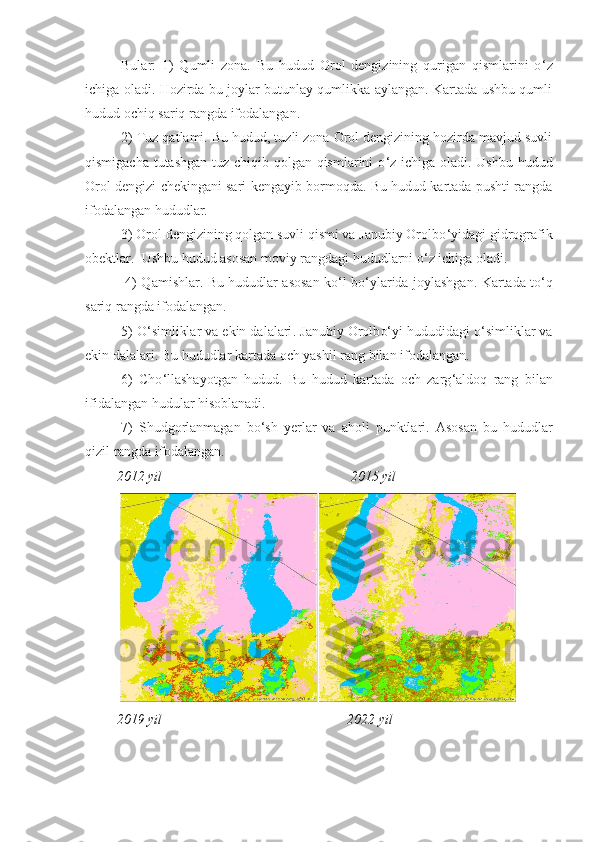 Bular:   1)   Qumli   zona.   Bu   hudud   Orol   dengizining   qurigan   qismlarini   o ‘ z
ichiga oladi. Hozirda bu joylar butunlay qumlikka aylangan. Kartada ushbu qumli
hudud ochiq sariq rangda ifodalangan. 
2) Tuz qatlami. Bu hudud, tuzli zona Orol dengizining hozirda mavjud suvli
qismigacha tutashgan  tuz chiqib qolgan qismlarini  o ‘ z ichiga oladi. Ushbu hudud
Orol dengizi chekingani sari kengayib bormoqda. Bu hudud kartada pushti rangda
ifodalangan hududlar. 
3) Orol dengizining qolgan suvli qismi va Janubiy Orolbo ‘yidagi gidrografik
obektlar .  Ushbu hudud asosan moviy rangdagi hududlarni o ‘ z ichiga oladi. 
  4) Qamishlar. Bu hududlar asosan ko ‘l bo‘ylarida   joylashgan. Kartada   t o ‘ q
sariq rangda ifodalangan. 
5) O ‘simliklar va ekin dalalari . Janubiy Orolb o‘yi  hududidagi o ‘simliklar va
ekin dalalari . Bu hududlar kartada och yashil rang bilan ifodalangan. 
6)   Cho ‘llashayotgan   hudud .   Bu   hudud   kartada   och   zarg ‘aldoq   rang   bilan
ifidalangan hudular hisoblanadi. 
7)   Shudgorlanmagan   bo ‘sh   yerlar   va   aholi   punktlari .   Asosan   bu   hududlar
qizil rangda ifodalangan. 
         2012 yil                          201 5  yil
          201 9  yil        20 2 2 yil 